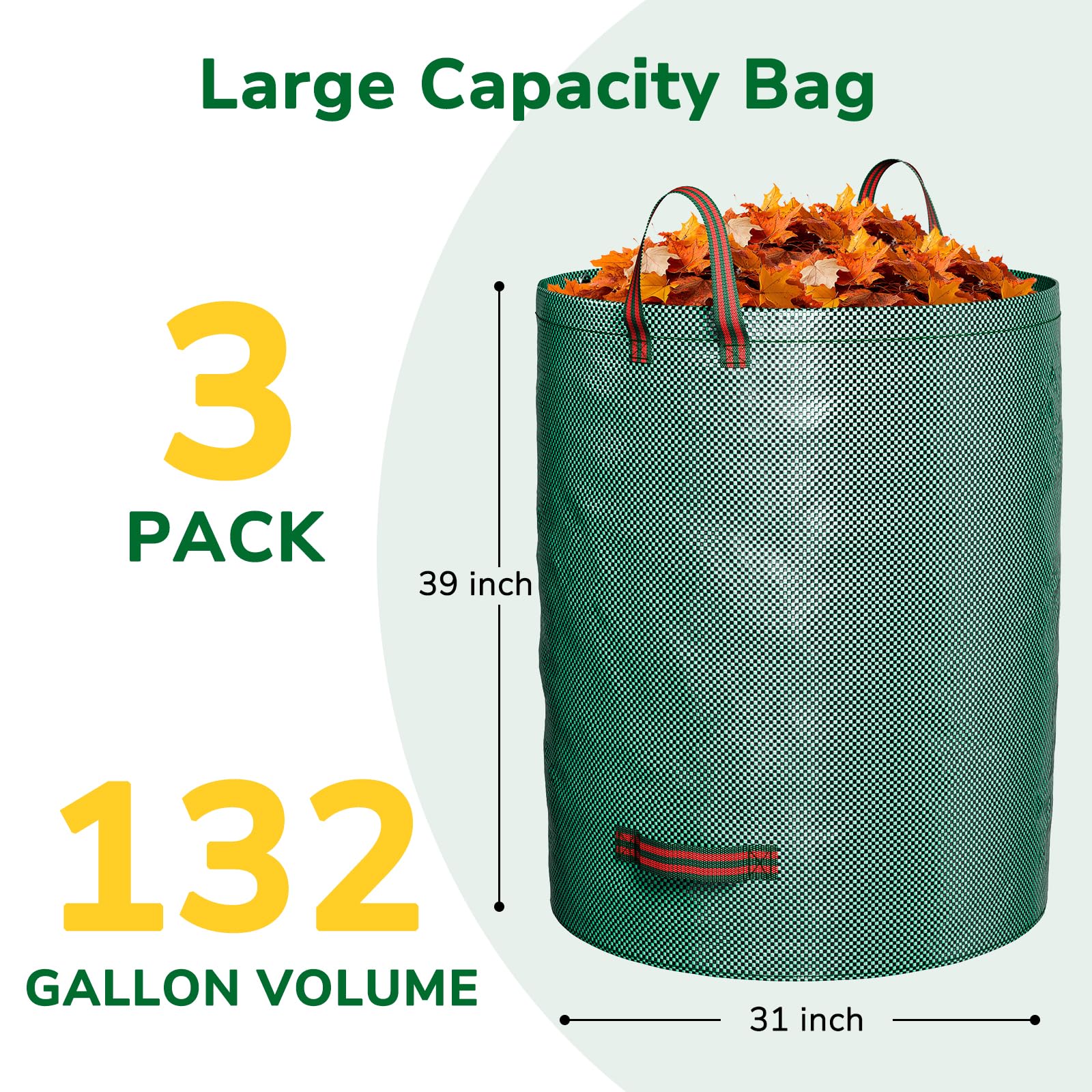 GreatBuddy Bolsa de basura reutilizable de 132 galones, resistente, bolsas verticales para césped con 4 asas reforzadas para recoger hojas de jardín y residuos, ligera