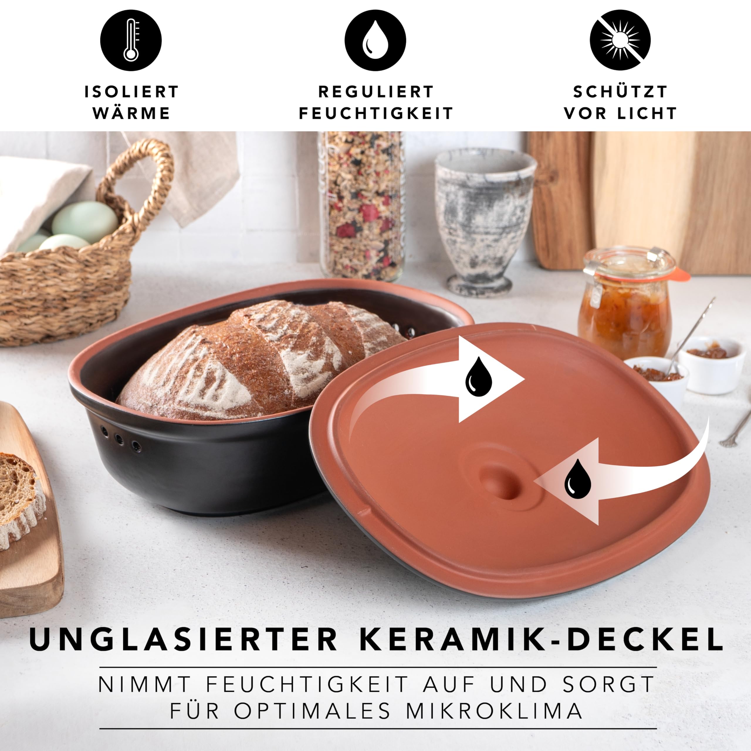 Römertopf Brottopf klein oval 2,3 L (MEDI) – kompakter Brotkasten aus Keramik mit Deckel für 1–2 Personen, hält Brot und Toastbrot frisch, atmungsaktiver Tontopf – Schwarz