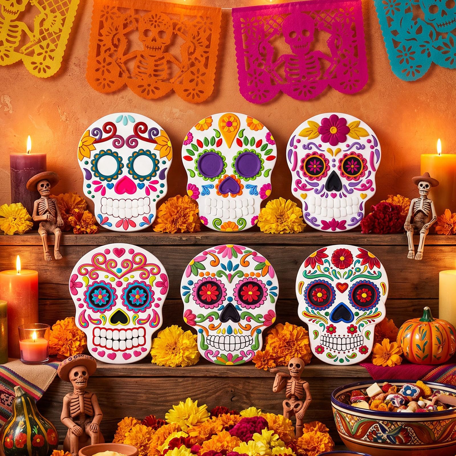 12 pezzi di ceramica di Halloween teschio di zucchero artigianato 6 unico in rilievo cuore floreale giorno dei morti teschi gesso bianco pittura fai da te il tuo kit artigianale per Día De