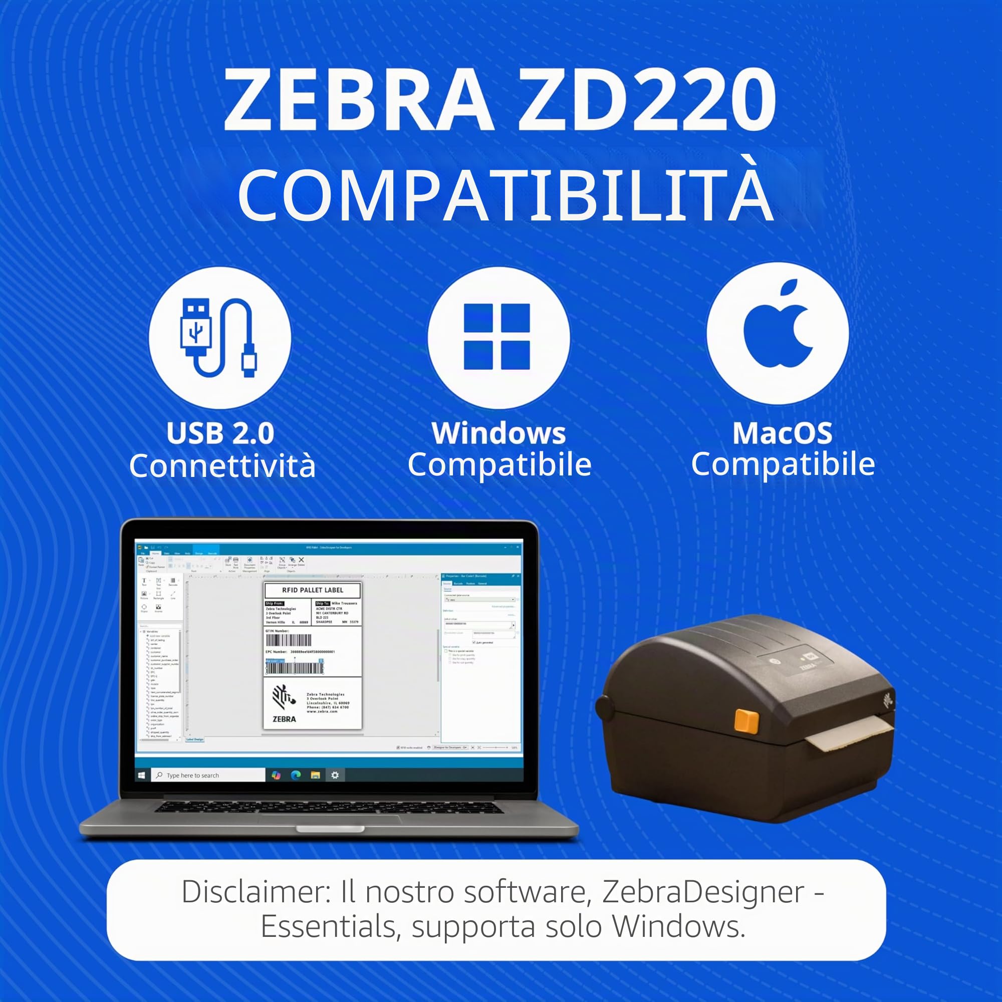 Zebra Stampante termica diretta ZD220 standard EZPL USB