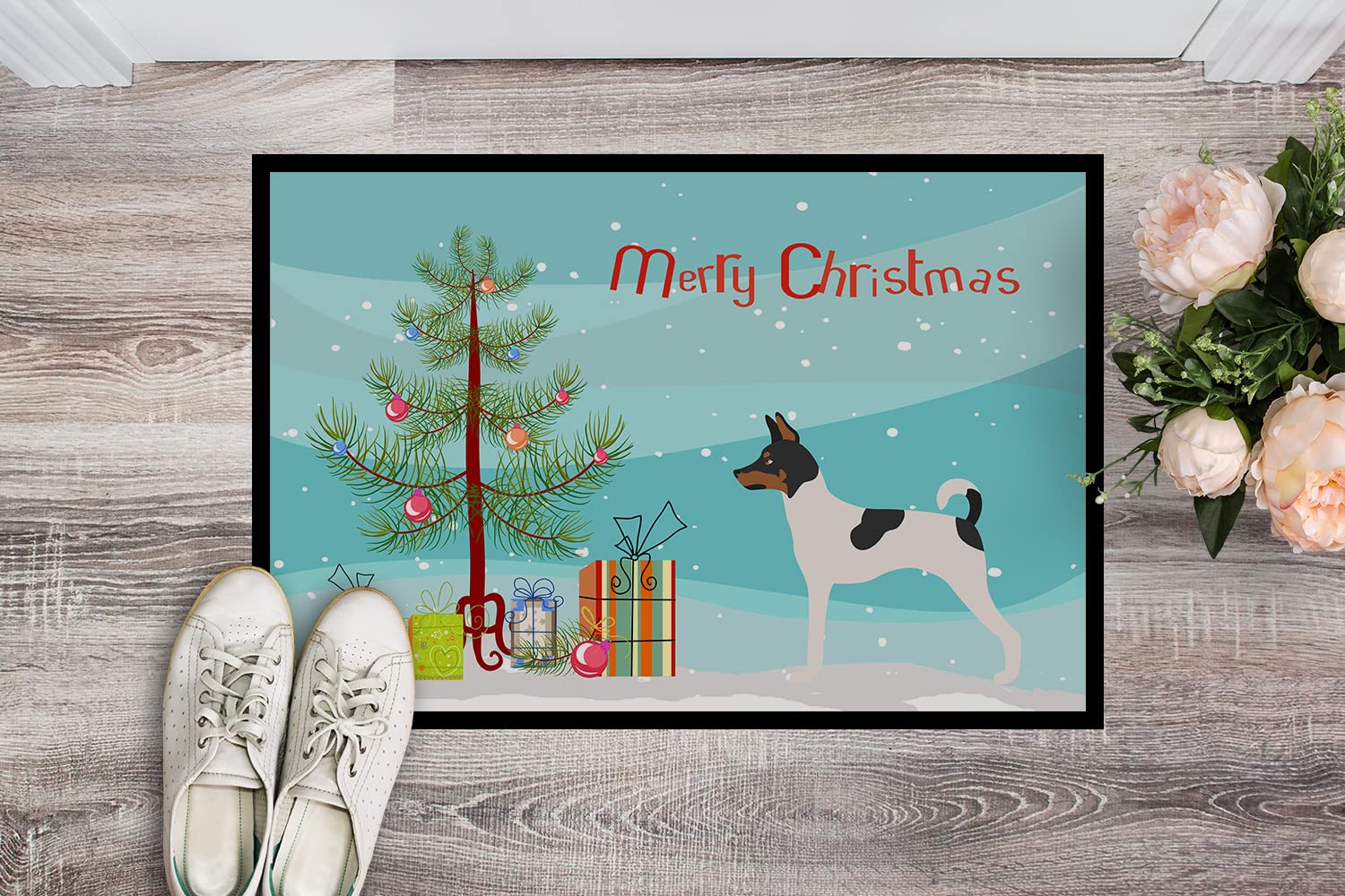 Caroline's Treasures BB8468MAT American Toy Fox Terrier Christmas Doormat 18x27 Front Door Mat Indoor Outdoor Rugs for Entryway, Non Slip Washable Low Pile, 18H X 27W