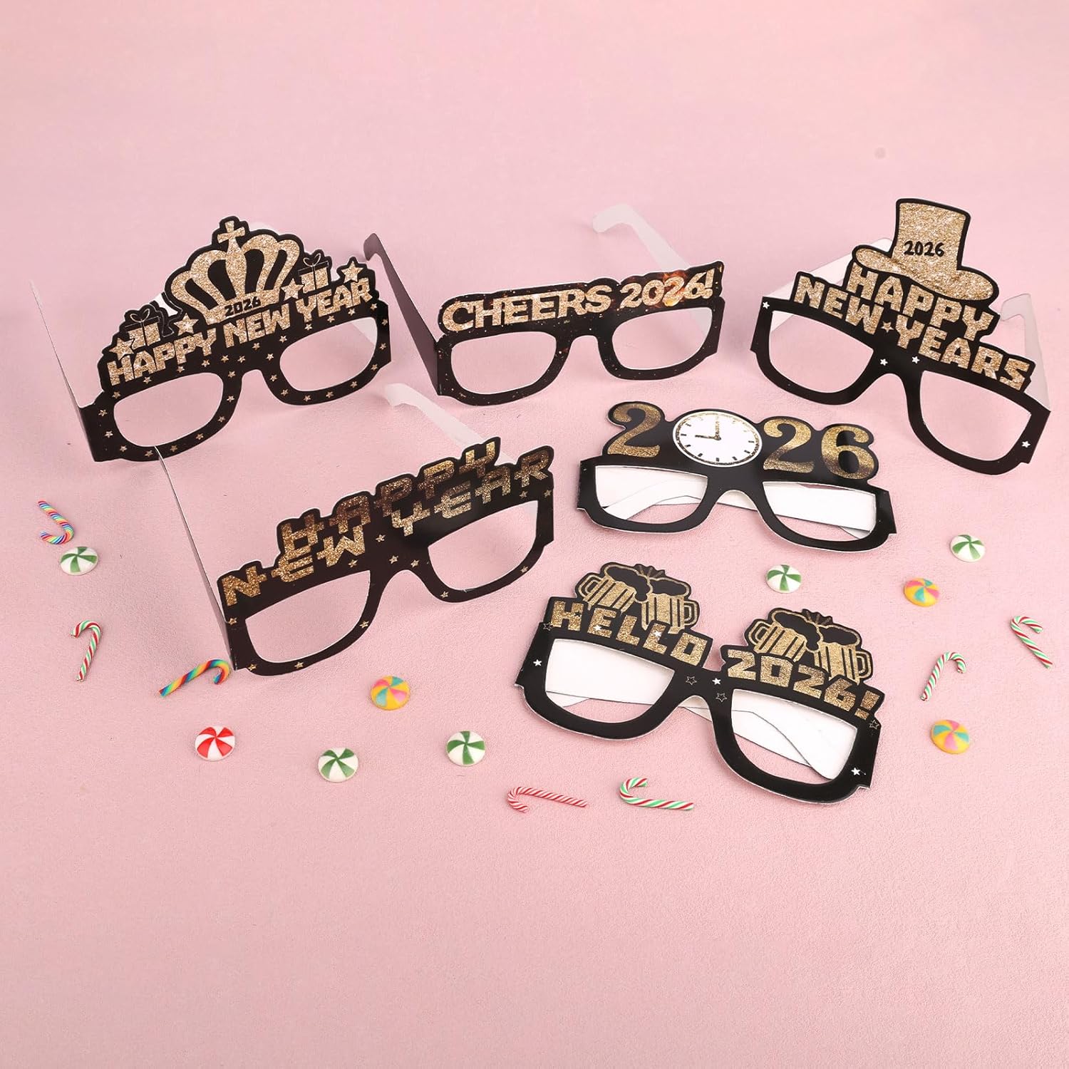 6pcs Happy New Year’s Eve Eyeglasses 2026, Black Gold Paper Party Eyeglasses 2026 Happy New Year Decorations for Spring Festival Party Favor Accessories (6 Styles) - Image 3