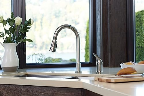 Miniatura 3 de Llave de cocina residencial desplegable con arco alto monocomando Pacific Bay con despachador de detergente. Hermosa reforma para cualquier hogar -