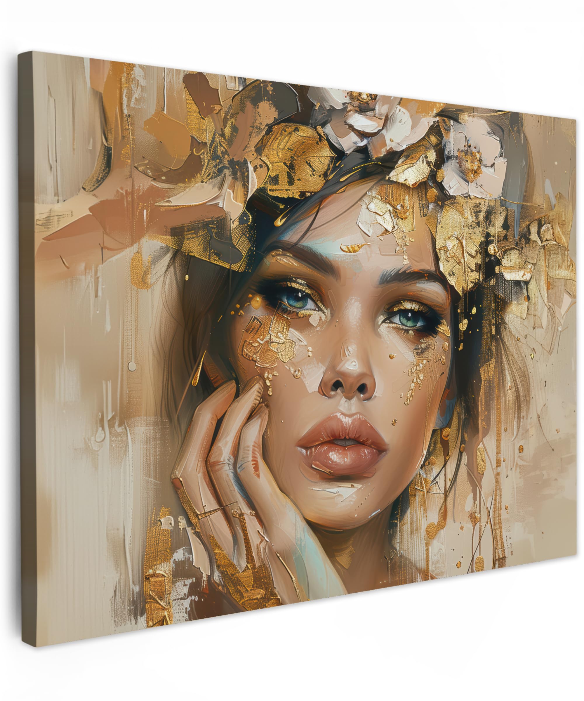 MuchoWow© Canvas Wall Art 31"x24" / 80x60 cm Decor Paintings Print framed on Canvas Pictures for Hallway Woman - Flowers - Gold - Portrait — image 1