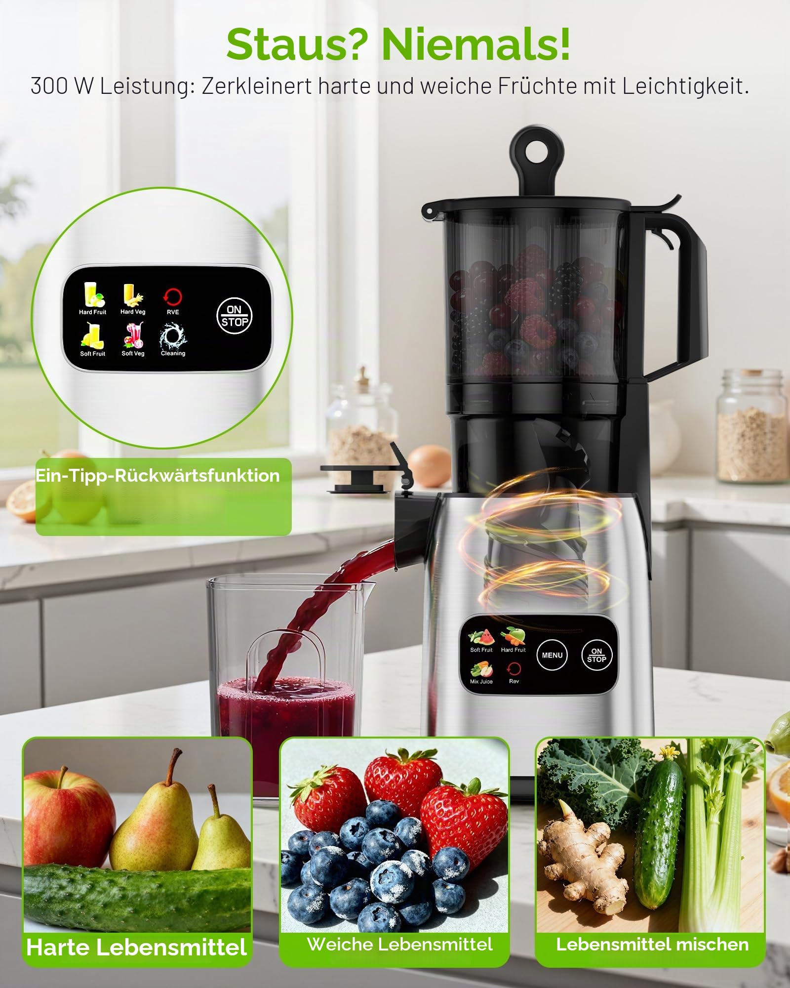Kismile Kaltpress-Entsafter mit modernem Touchscreen, 13,5 cm XL-Futter, leicht zu reinigen, BPA-frei, hohe Ergiebigkeit, langsamer Entsafter für ganzes Obst und Gemüse, 300 W Masticating Juicer