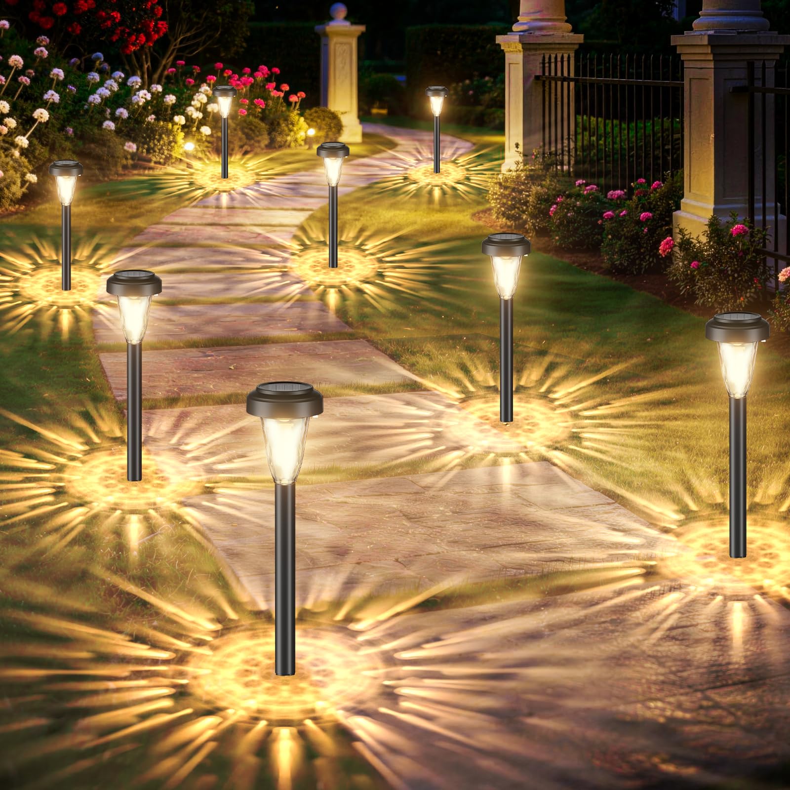 FIFlying Solarlampen für Außen Garten, 8 Stück Warmweiß LED Solarleuchten, Garten Deko Beleuchtung, IP65 wasserdicht Solarlampe für Garten, Außen, Terrasse, Rasen, Hof, Wege - 3000K