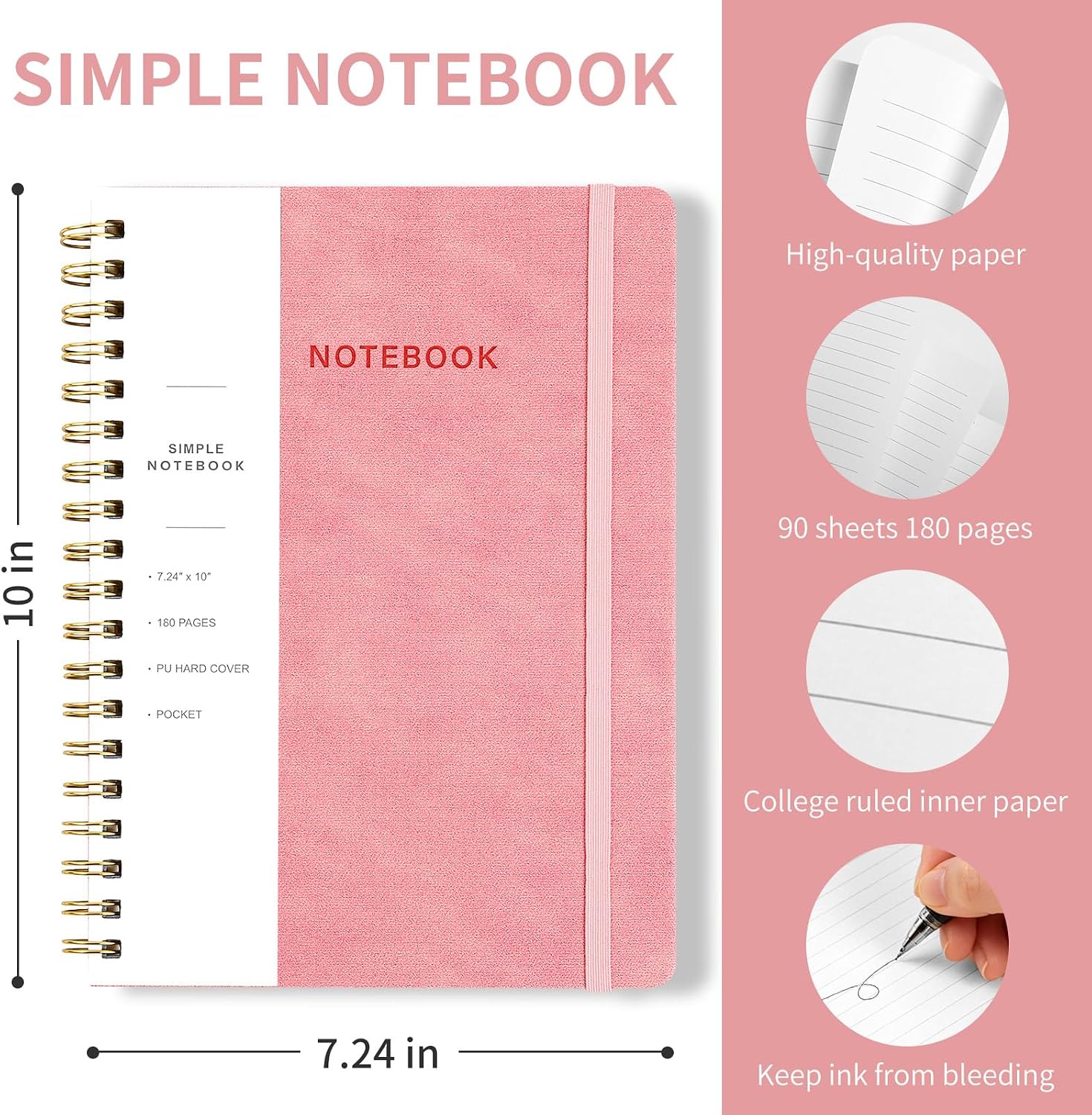 Spiral Notebook - 7.24" x 10" College Ruled Journal with Inner Pockets and 180 Pages, PU Leather Cover Business Journal, Twin-Wire Binding Notebook Perfect for Office & Home School Supplies Pink image 2