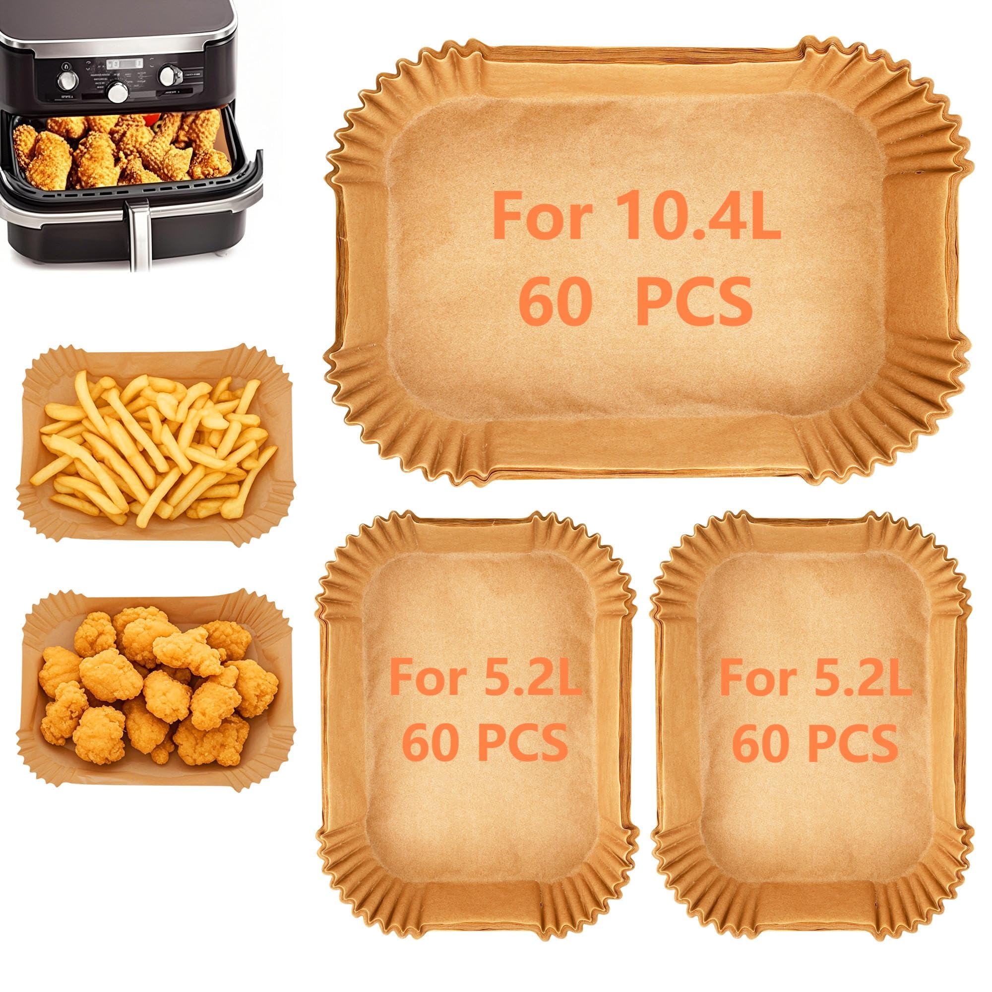 Set 2-in-1 Di Carta Forno Per Friggitrice Ad Ari 150 Pezzi: 50 Per Cestello 10,4L + 100 Per 5,2L - Antiaderente E Biodegradabile - 2