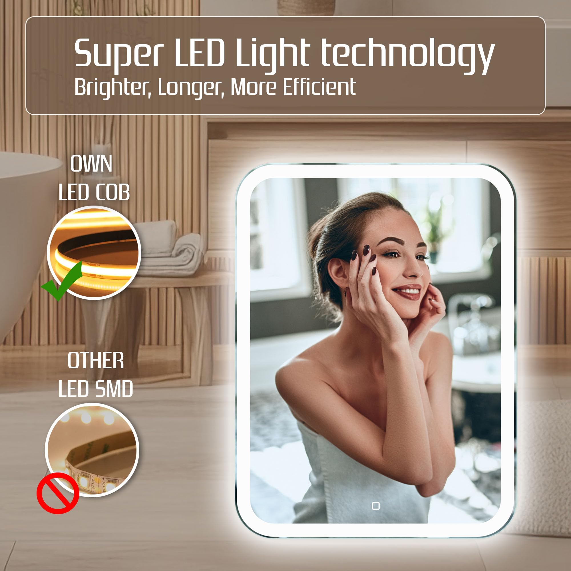 Venti Prostokątne Lustro Łazienkowe LED 60x80cm, Lustro ścienne z oświetleniem LED, Naturalne Białe Światło, Zaokrąglone rogi, Podświetlane z przodu