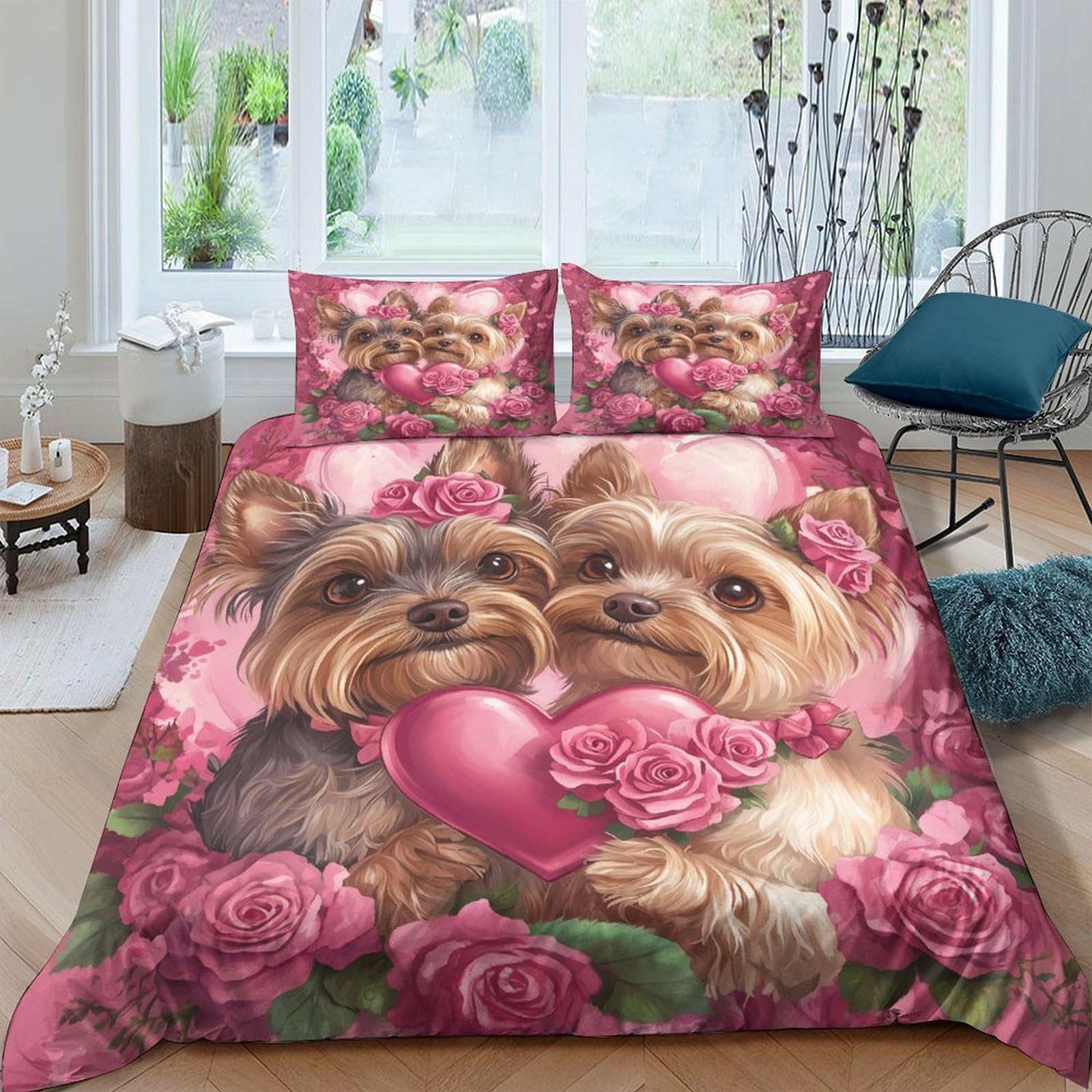 Ctjqhvkz Style-7 3D Printed Yorkshire Terrier Rose Fitted Sheet Microfiber Heart Flower Bed Cover For Bedroom Dorm Mattress Decor Single（135X200cm）