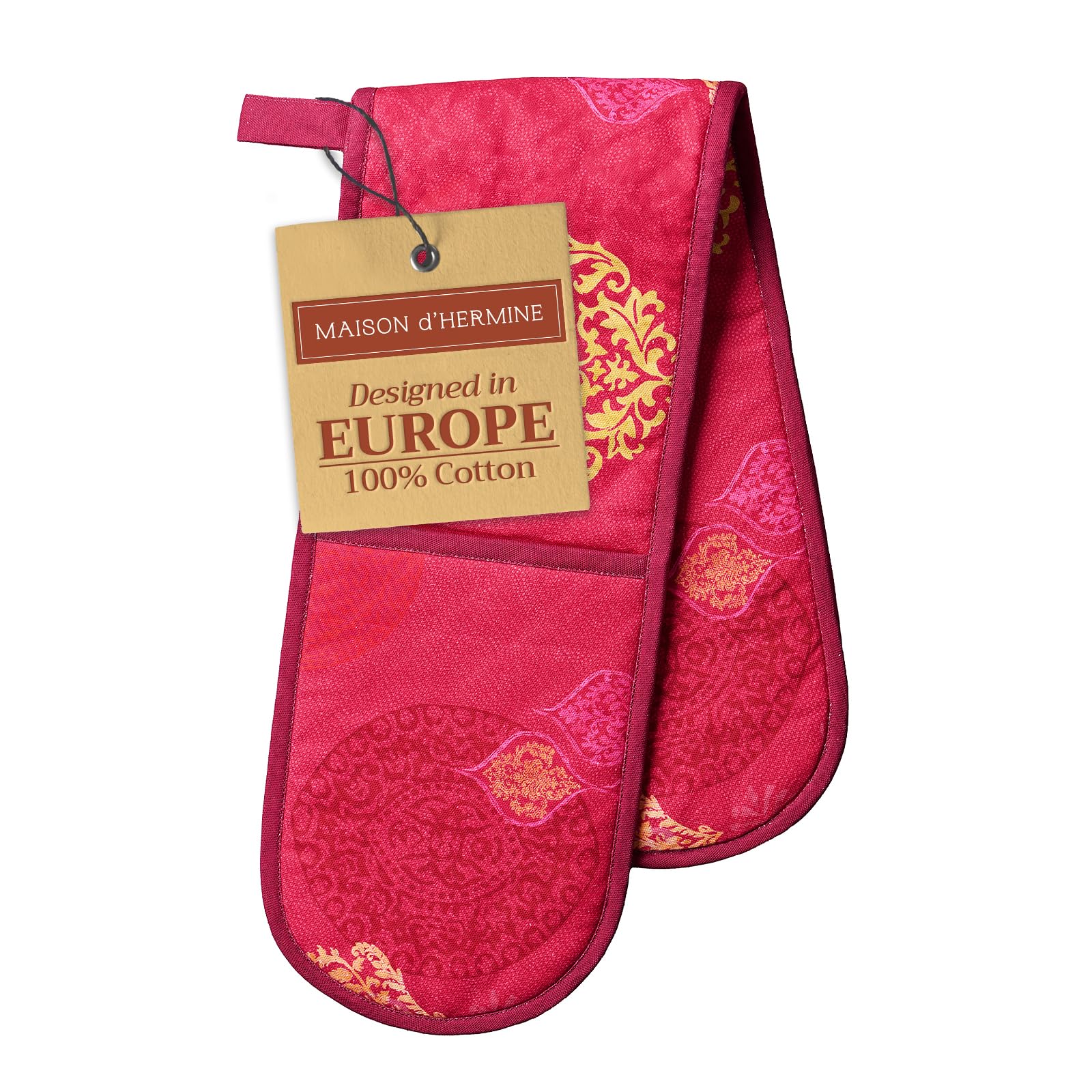 Maison d' Hermine Double Oven Mitt (18 cm x 89 cm) 100% Cotton Heat Resistant BBQ Cooking Gloves with Loop for Christmas Decorations Baking Cooking Barbeque Handling Hot Pan (Versailles)