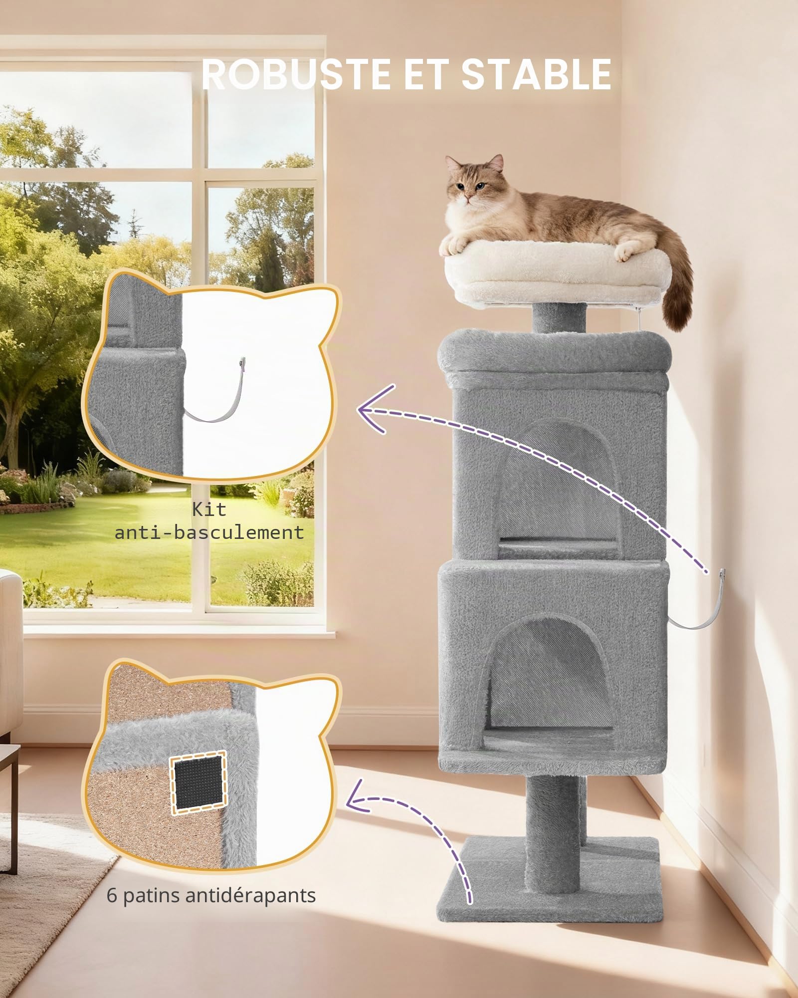 Hzuaneri Arbre a Chat, Petit Arbre à Chat de 95 cm, Spacieux et Stable, Fond Réglable, avec Grande Plateforme Souple, Pompons, Panier, Griffoir, Corde en Sisal, Gris Clair MS09718LG
