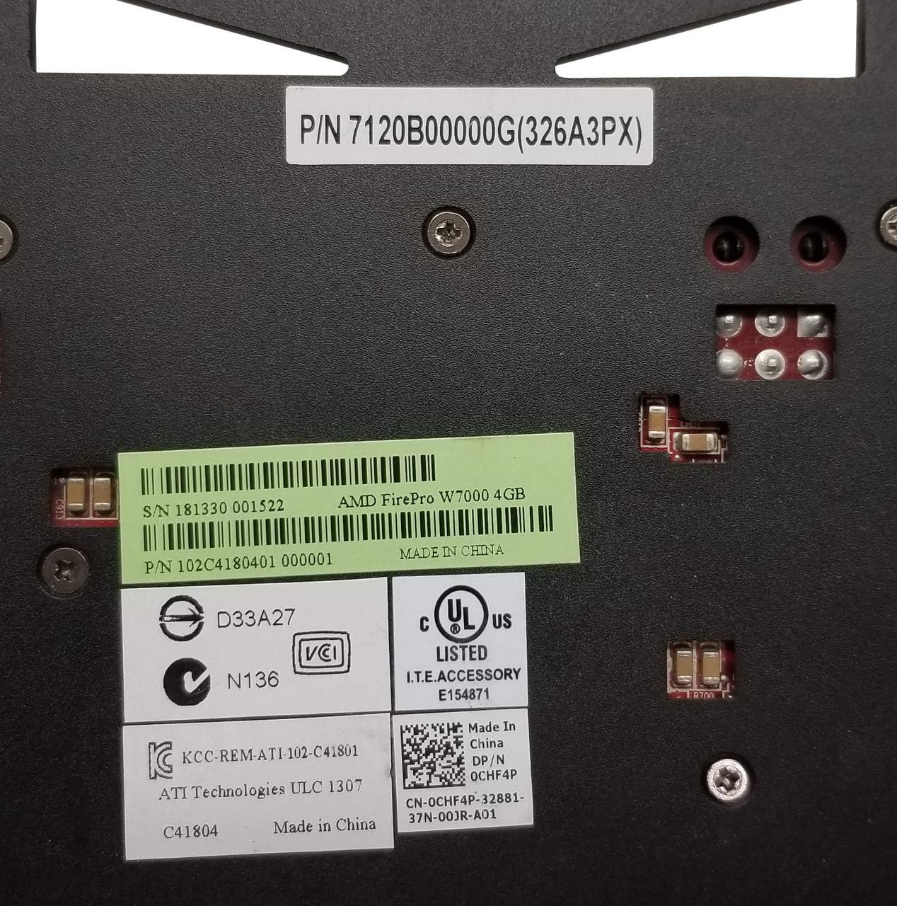 Close-up of AMD FirePro W7000 serial and part numbers