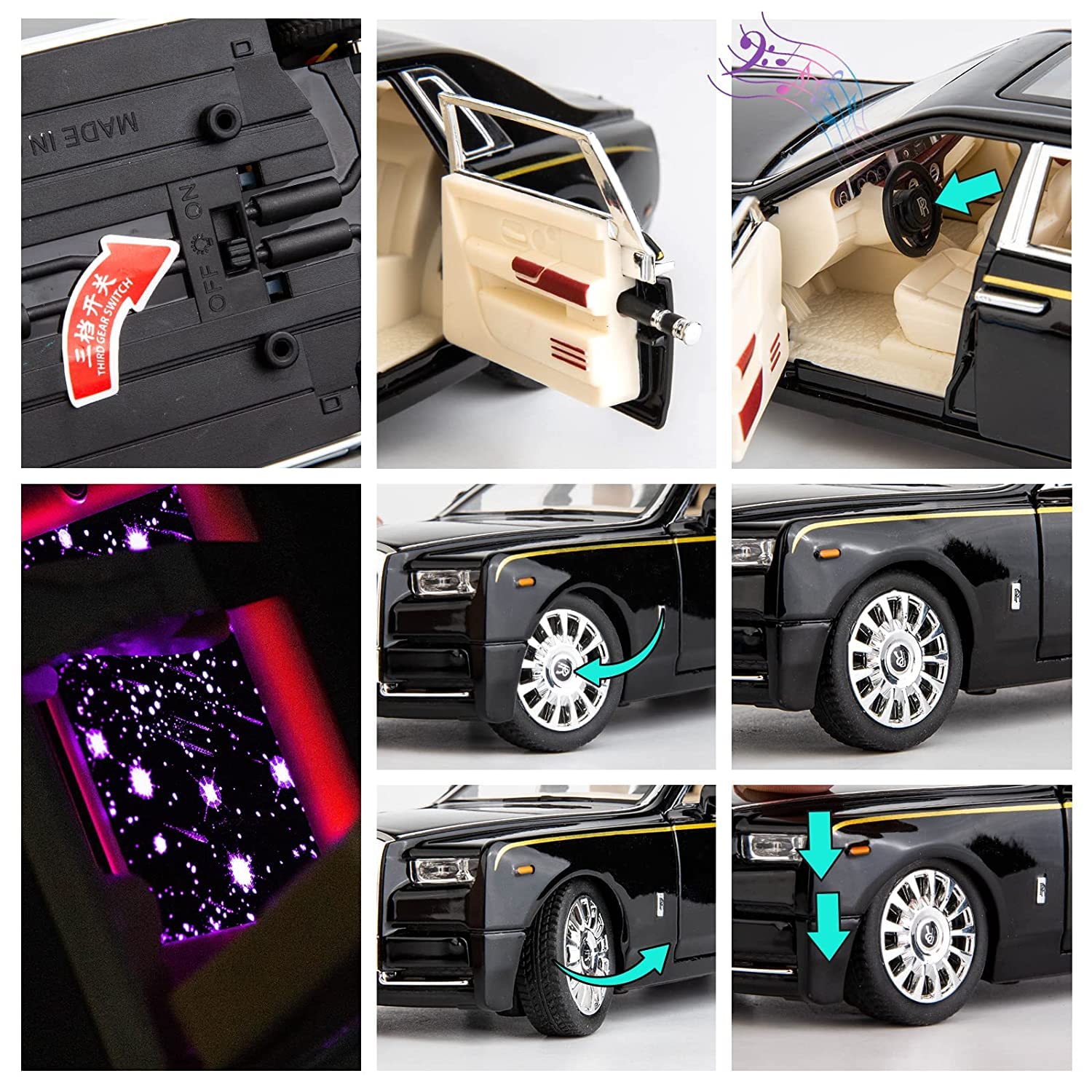 PLUSPOINT 1:32 Scale Rolls Royac Phantom Car Pull Back Vehicles Diecast Exclusive Zinc Alloy Metal Toy Model Car with Openable Door and Sound Light Gifts Toys for Kids Toddlers 4