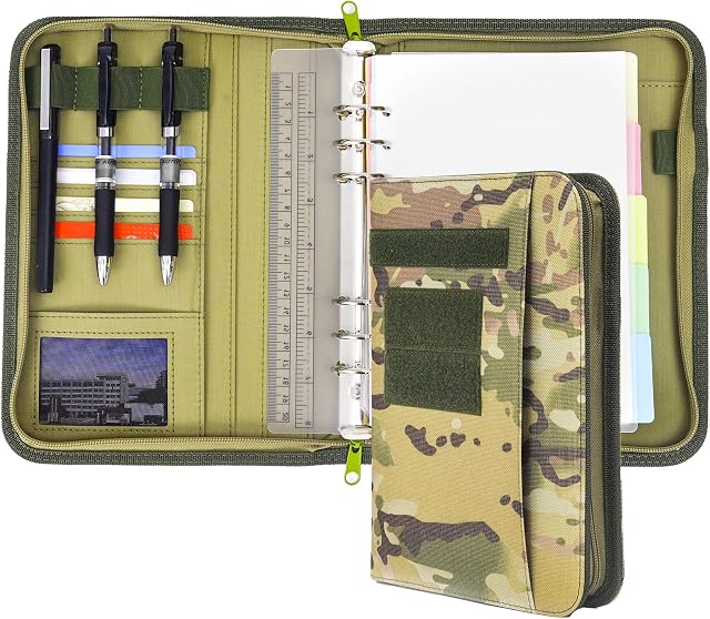 Army Military Padfolio Ring Binder with Zippered Portfolio Organizer and Tactical Notebook for A5 Folder, Small OCP Binder Planner for Men and Women - 6 Ring Binder Organizer Military Notebook(Camo)