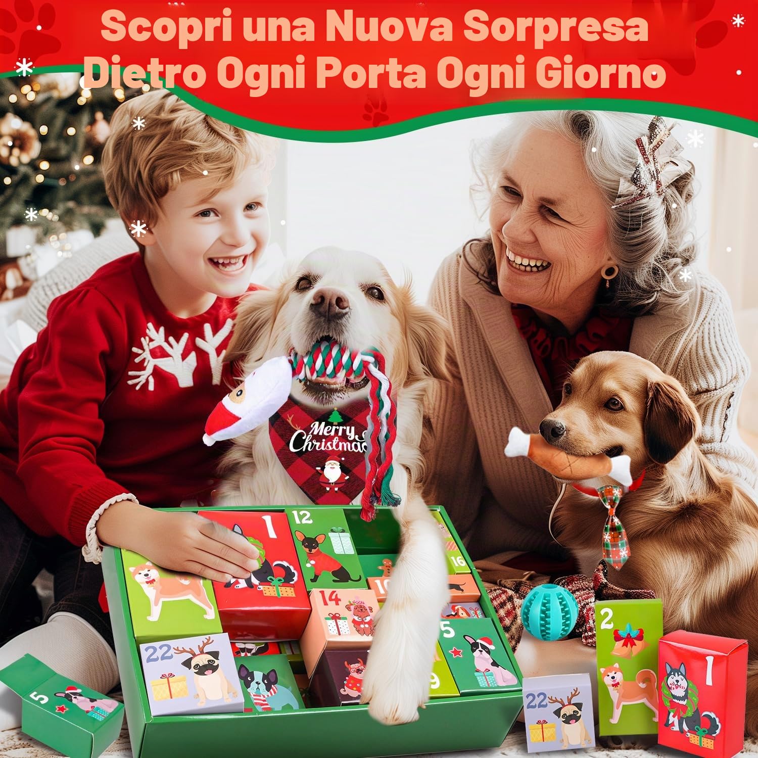 iZoeL Calendario Avvento Cani Calendario Avvento per Cani Regalo Natale 2025 Giochi per Cani, Giocattoli Interazione per Cani Indoor Outdoor - Frisbee Guinzaglio Corda Palla