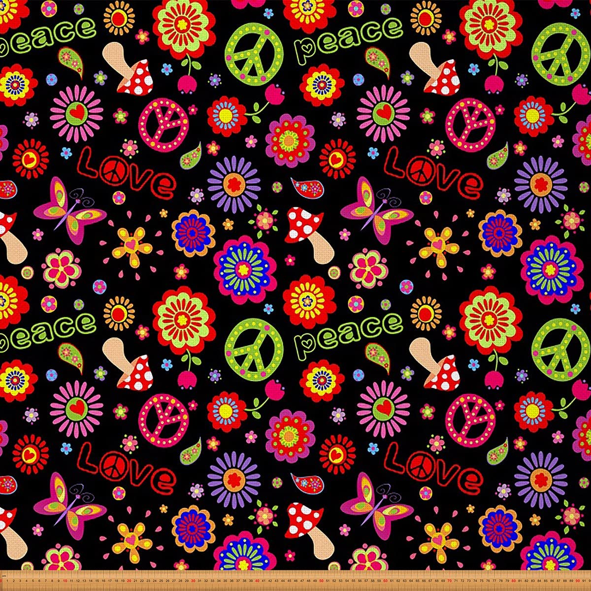 Tessuto per tappezzeria hippie Peace Art, stampa floreale con margherite e funghi, decorazione con farfalle, progetti fai da te per la casa, 184 x 150 cm, per sedie e artigianato