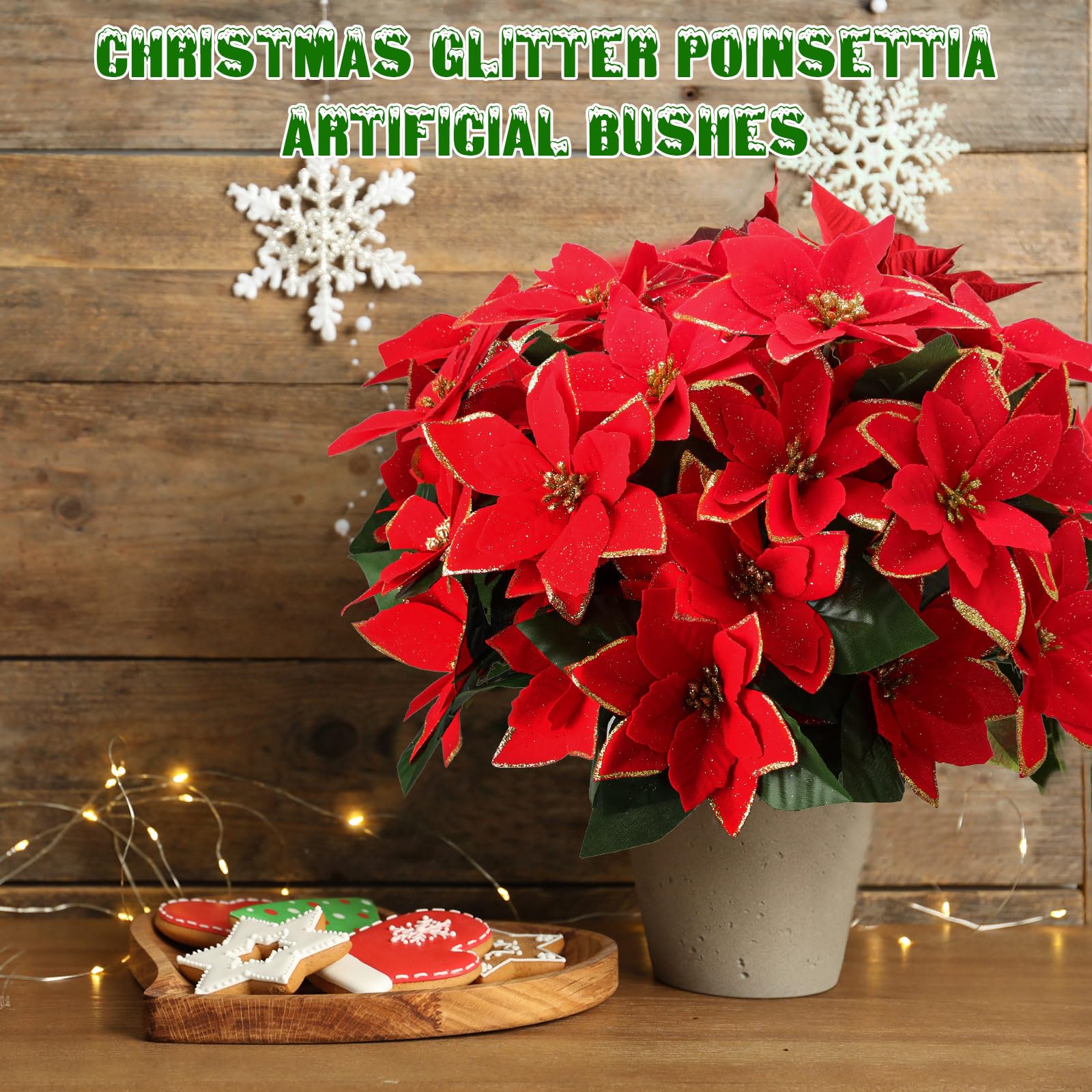 Hotop Künstliche Sträucher mit Glitzer, Weihnachtsstern, 32,6 cm, Weihnachtsstern, Sträucher, Weihnachtsdekoration, Ornamente für drinnen und draußen, Rot mit Goldrand, 8 Bündel