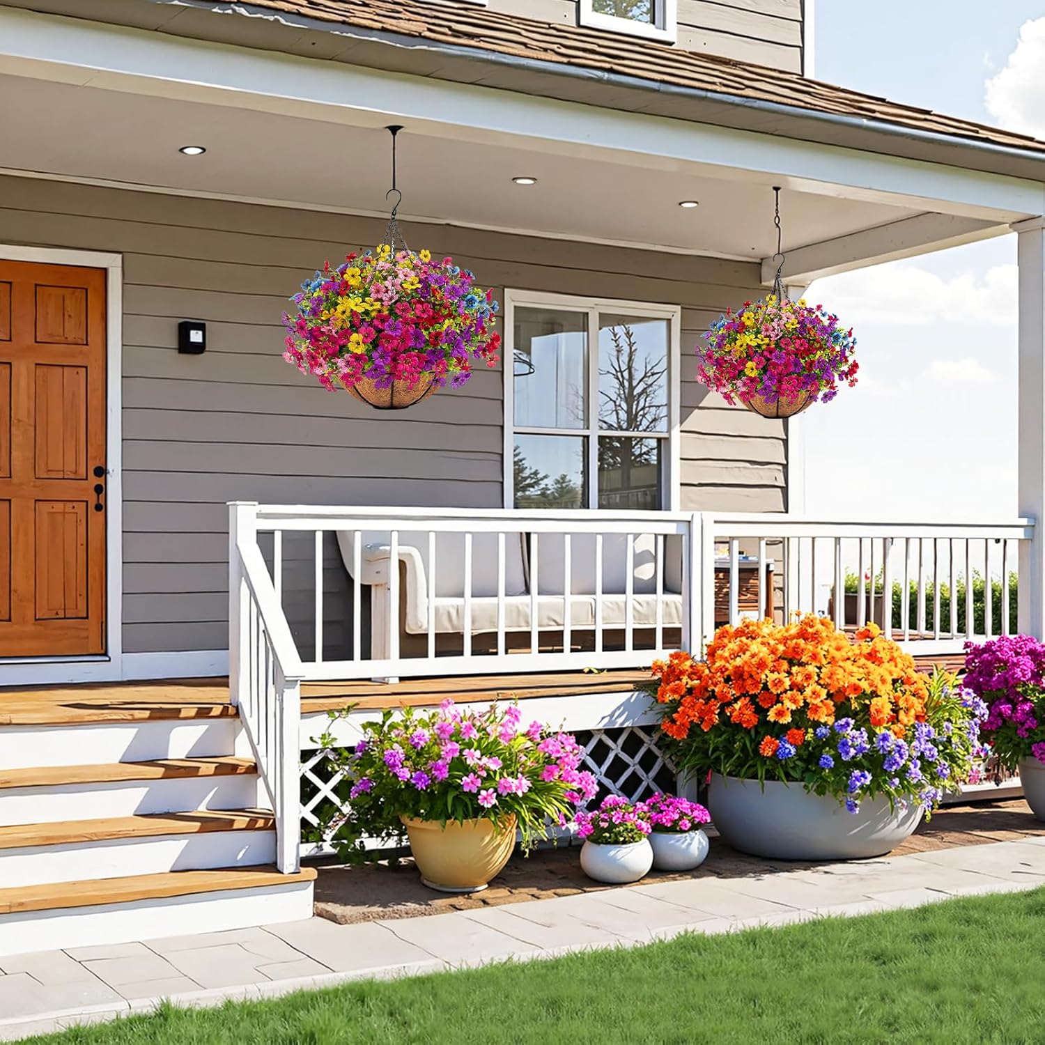 Ouddy Decor Artificial Hanging Flowers with Basket, Fake Hanging Plants with Faux Silk Flowers UV Resistant for Outdoors Indoors Spring Summer Porch Patio Balcony Yard Home Decorations, Multicolor