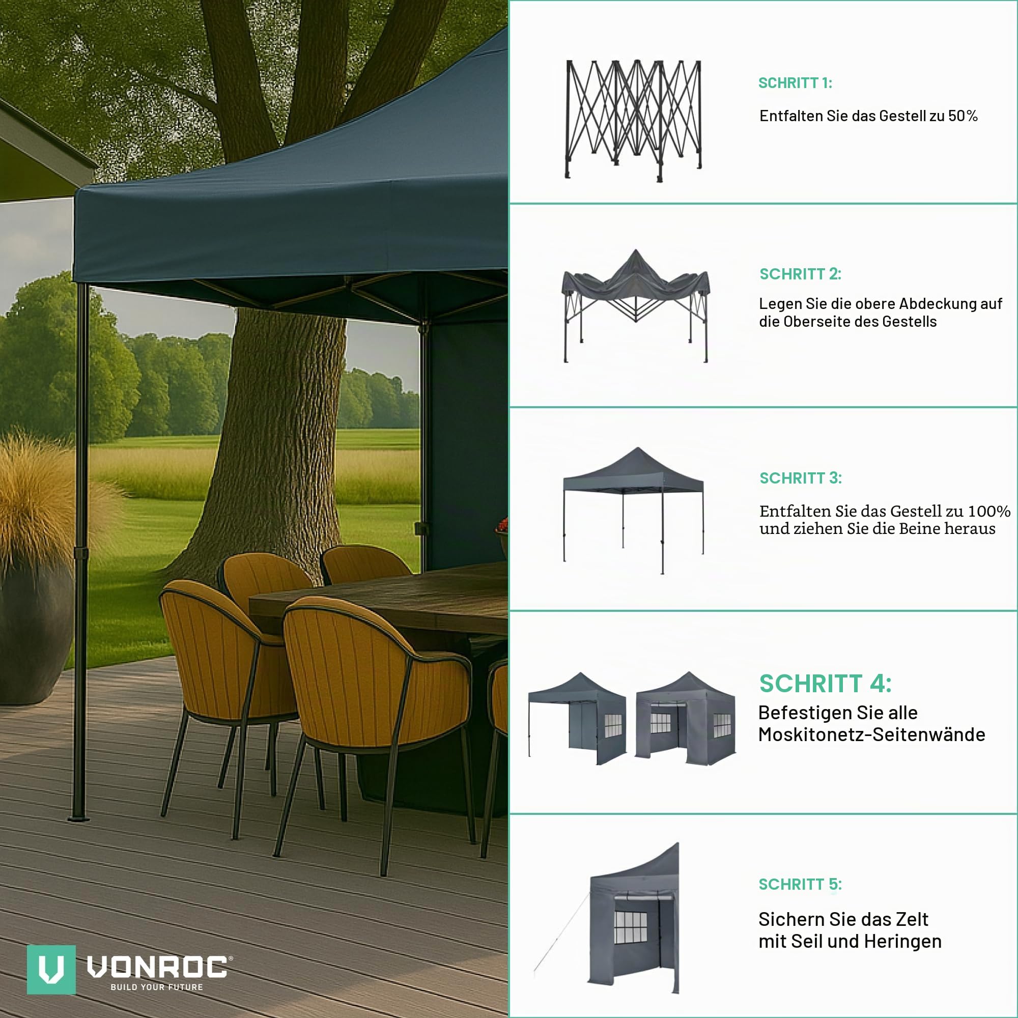 Vonroc Pavillon 3x3m Seitenwände wasserdicht stabil - Partyzelt mit Seitenwänden EasyUp System [3Min Aufbau] Popup Faltpavillon modular erweiterbar als Festival Zelt, Gartenpavillon - Grau