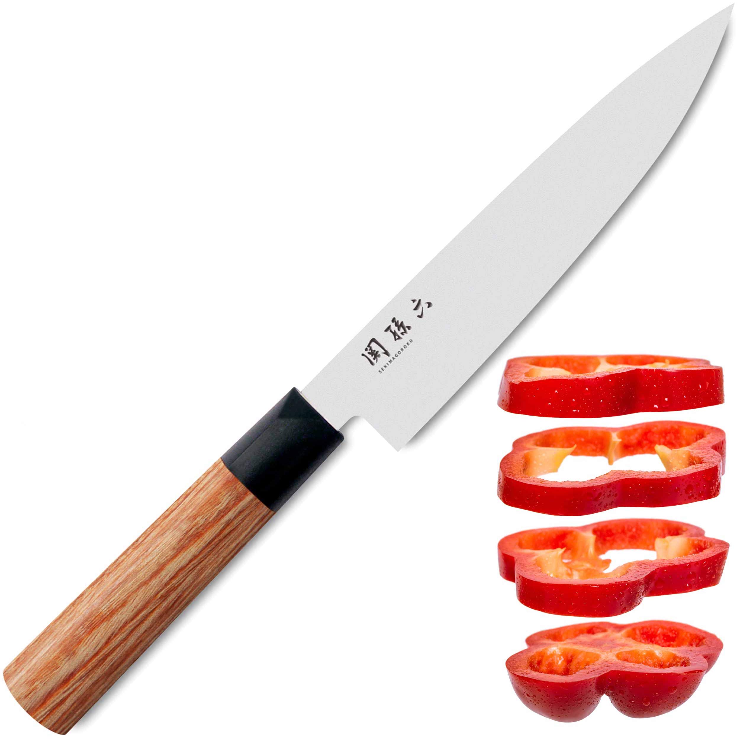 KAI Seki Magoroku Redwood coltello multiuso 15,0 cm lunghezza lama - acciaio inossidabile Carbon 1K6 con 57 (±1) HRC - lama lucidata a specchio - legno Pakka Red Wood - fatto a mano in Giappone