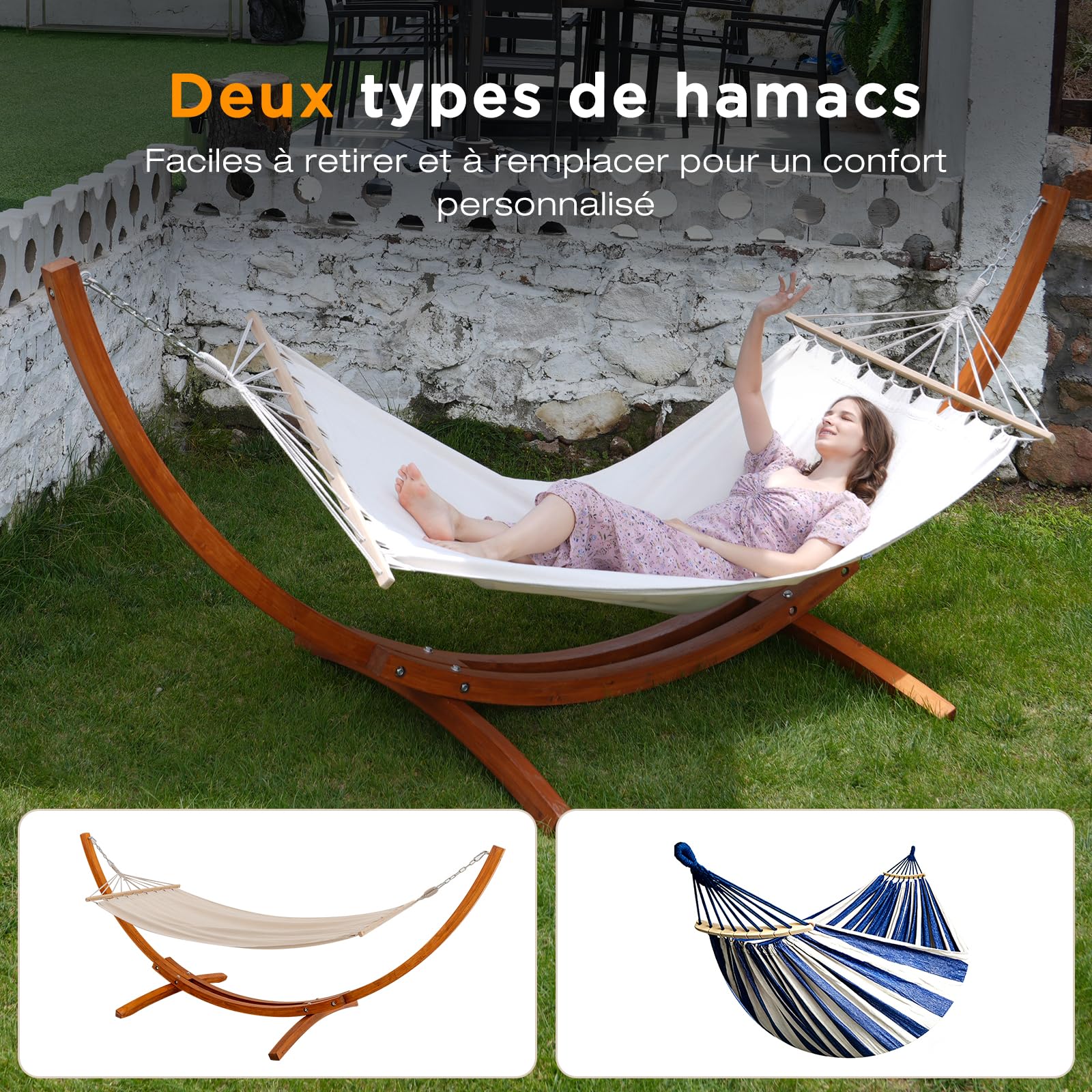 Hamac Double avec Support en Bois, Charge 200 kg