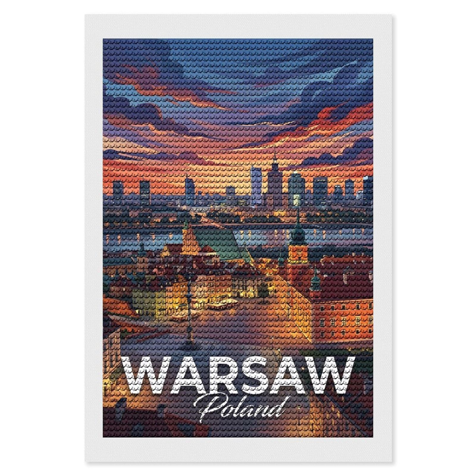 Junmoney Warsaw, Poland Cityscape at Sunset Diamond Art Kit 8"x12", Vintage Style Decor, Stress Relief Craft, Decor Project, Relaxing DIY, Creative Hobby