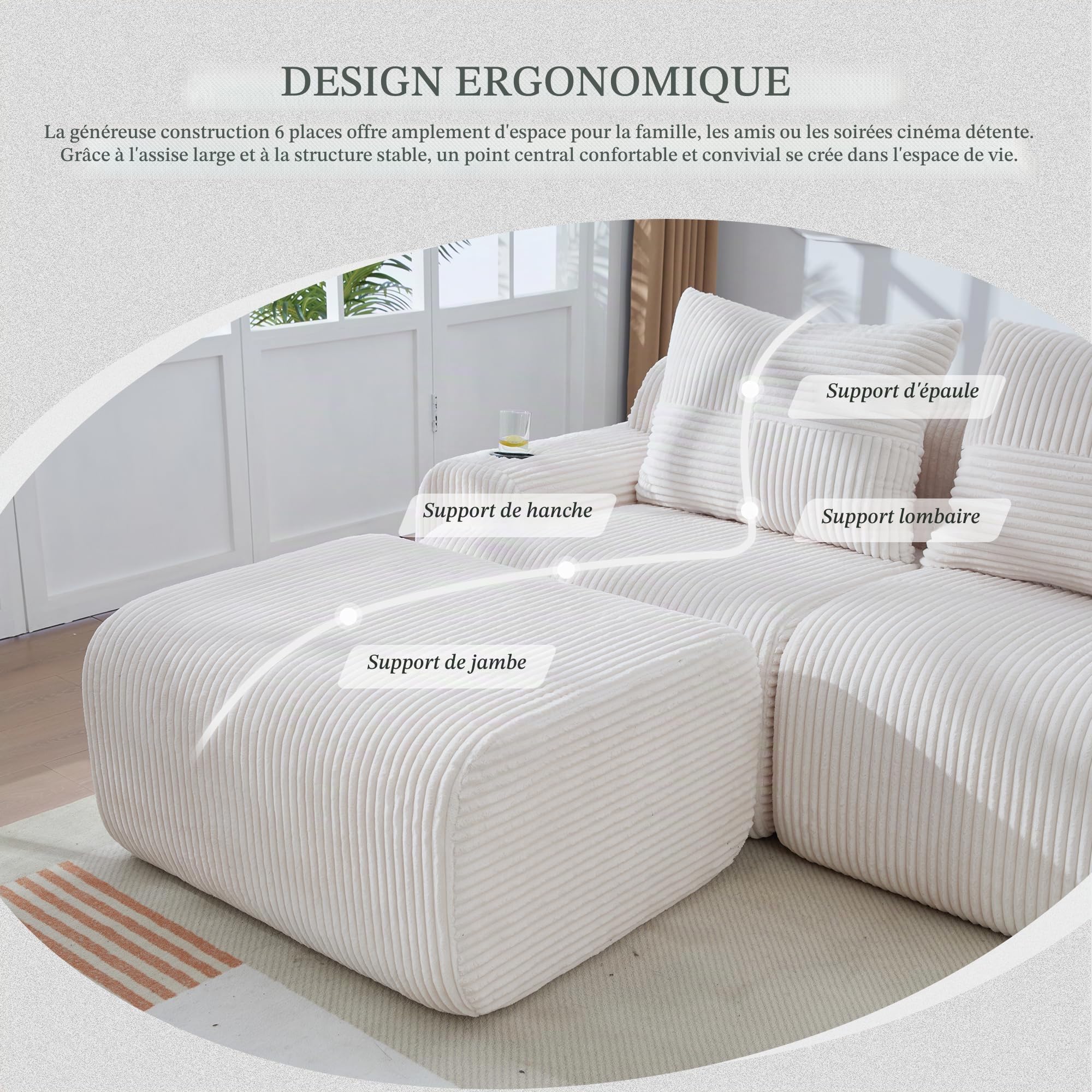 Yihomfy Canapé Modulaire en Velours Corde, Canapé d'angle en Forme de U, avec 2 Tabourets, Configuration Libre, avec Porte-Gobelet et Poches Latérales, Canapé pour Salon (Beige, 4 Sièges+2 Tabouret)