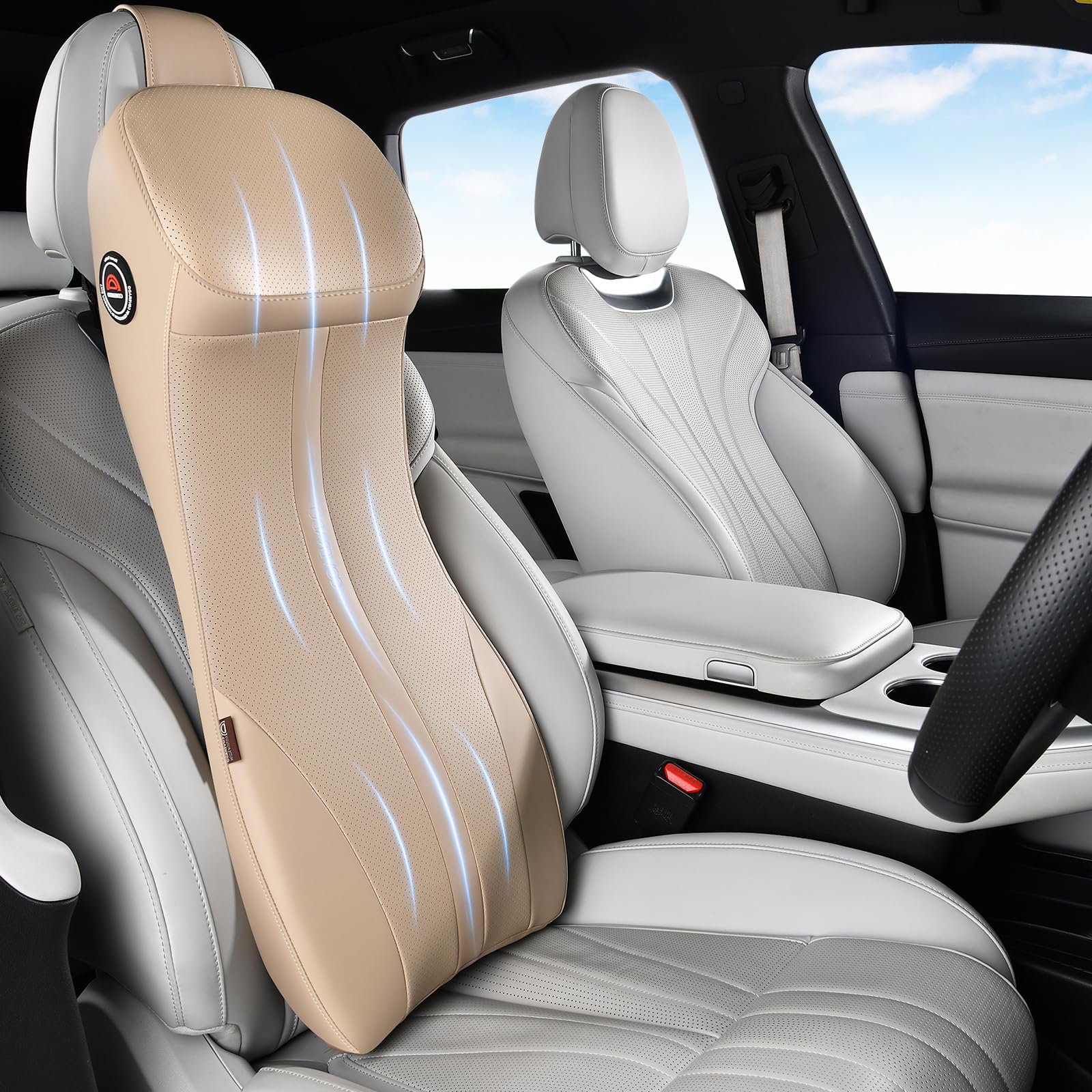 Coverado Lumbar Support and Headrest Pillow for Car, Integrated Design Ergonomic Memory Foam Car Back Support, Car Seat Driving Soft Leather Breathable Neck Back Support for Waist Pain Relief, Beige