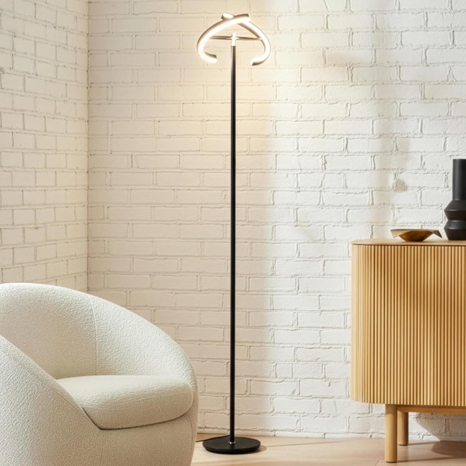 Brightech Halo Split Modern Bright LED Torchiere Floor Lamp for Offices - Dimmable, Tall Standing Lamp for Living Room or Bedroom - Adjustable Light w/Rotating Angles - Jet Black