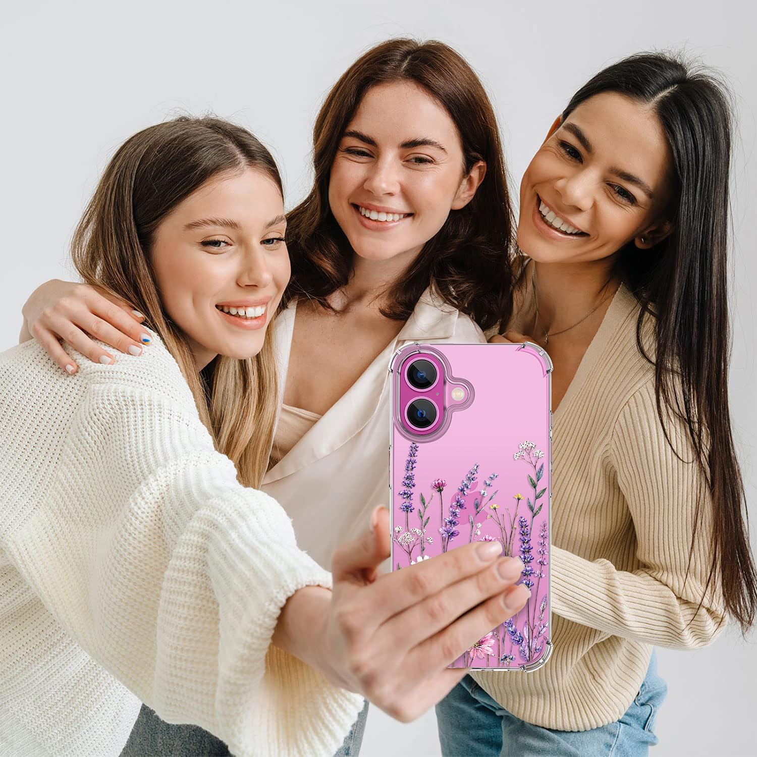 Custodia per iPhone 16, 3 in 1 per schermo e lenti protettive, cover | Morbido materiale TPU, design floreale, antiurto, progettato per donne e ragazze, giardino di lavanda