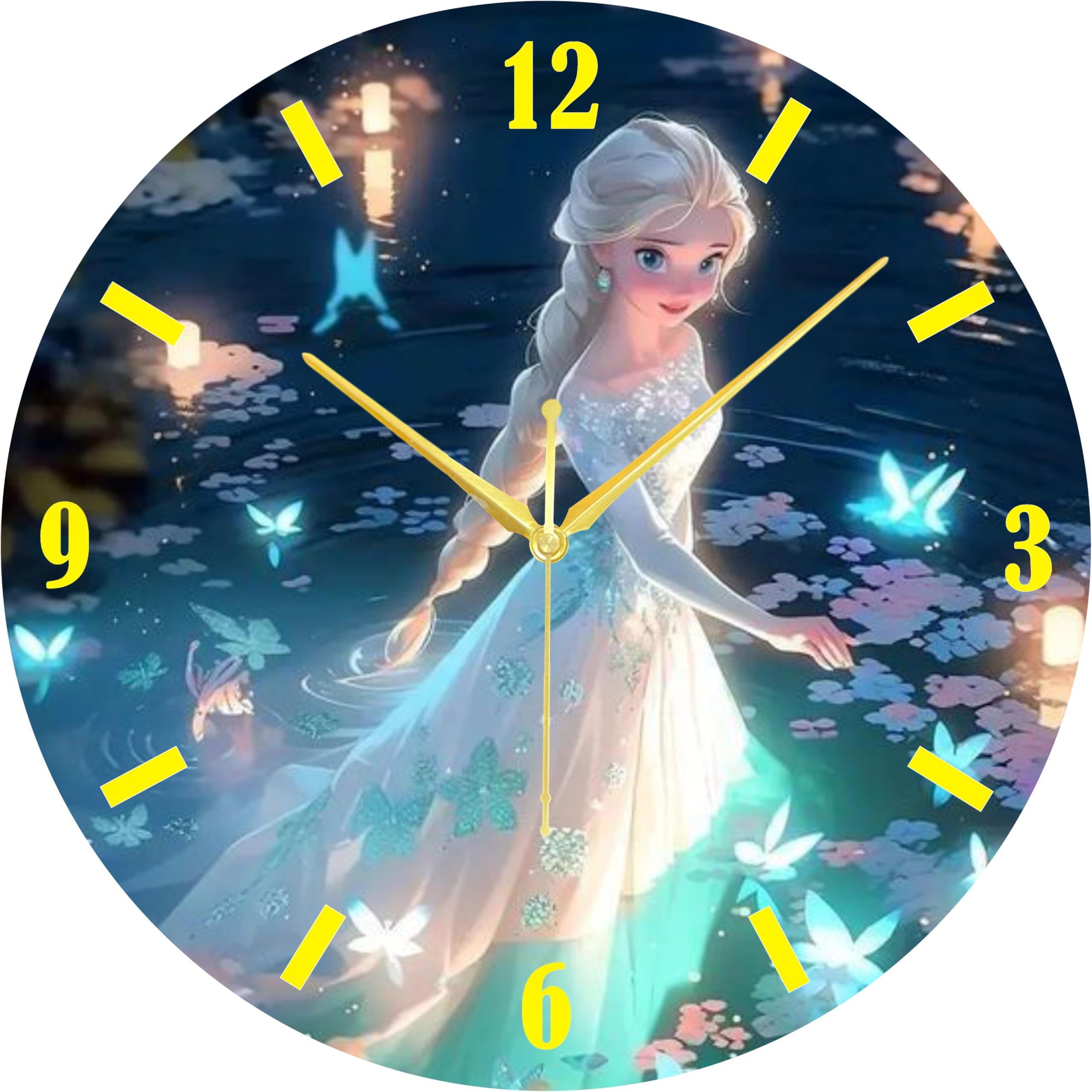 Frozen Theme Analog Resin Wall Clock, 30 cm Diameter, Decorative Kids Room Clock with Glowing Butterflies-image-15