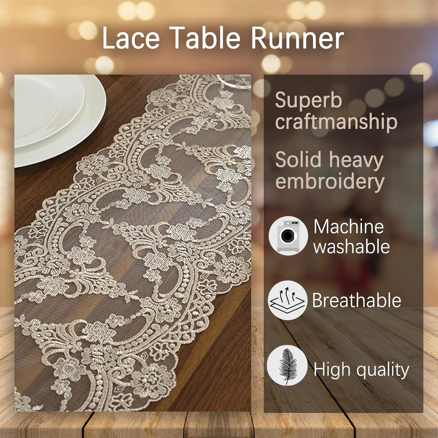 Lace Table Runner Dresser Scarf, Macrame Floral Embroidered Vintage Exquisite Floral Table Runners for Dining Wedding Holiday Party (Champagne, 10x84 inch)