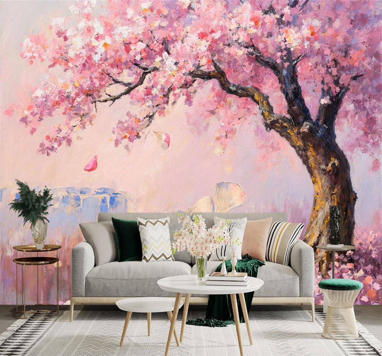 Tzxztt Watercolour Falling Petals Pink Cherry Blossom Tree Gentle Landscape Modern 3D Wallpaper Premium Textured Silk Neutral Tones Material Ideal for Living Room Bedroom-350cm×256cm
