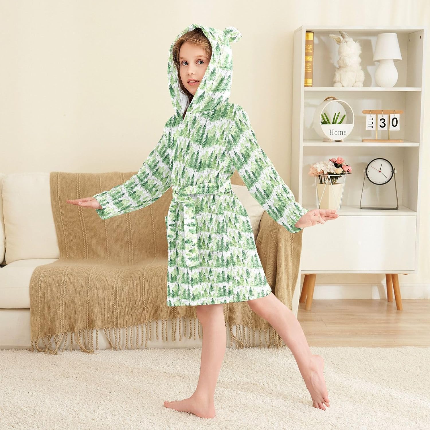 GuoChe Green forests Tree Pattern Hooded Pajama Robe For Girls