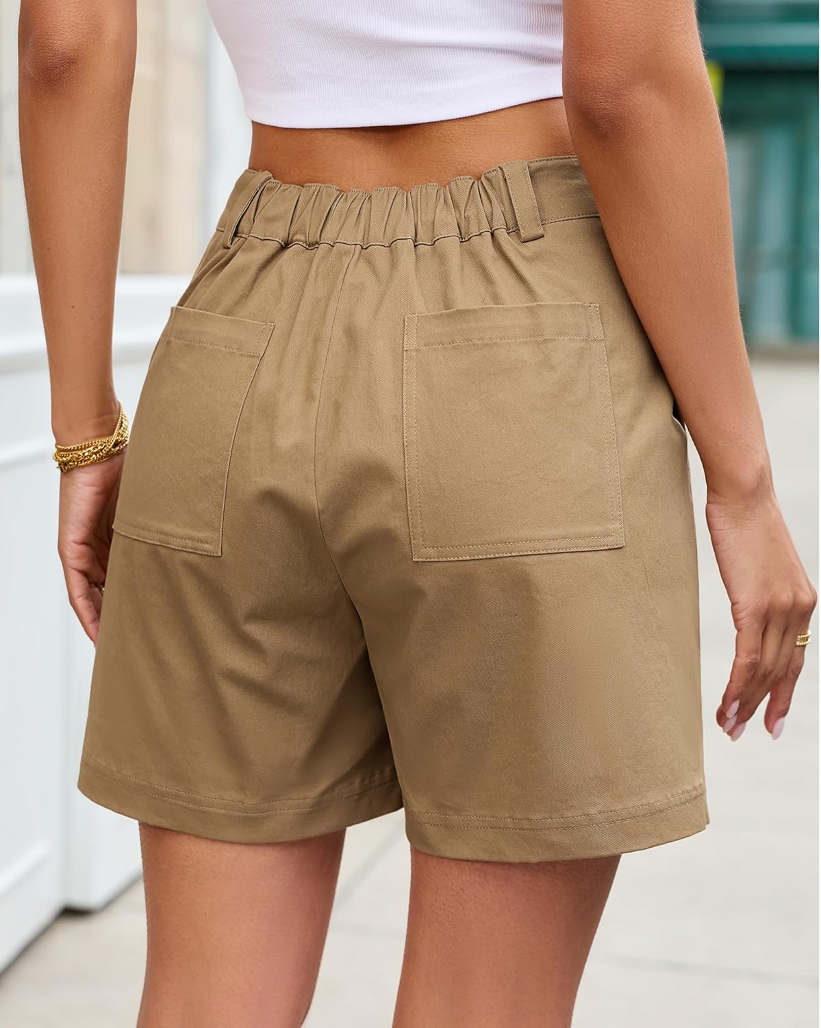 luvamia Summer Shorts for Women High Waisted Dressy Causal Cotton Chino Elastic Waist 5 Inch Inseam Mid Thigh Shorts - Image 2