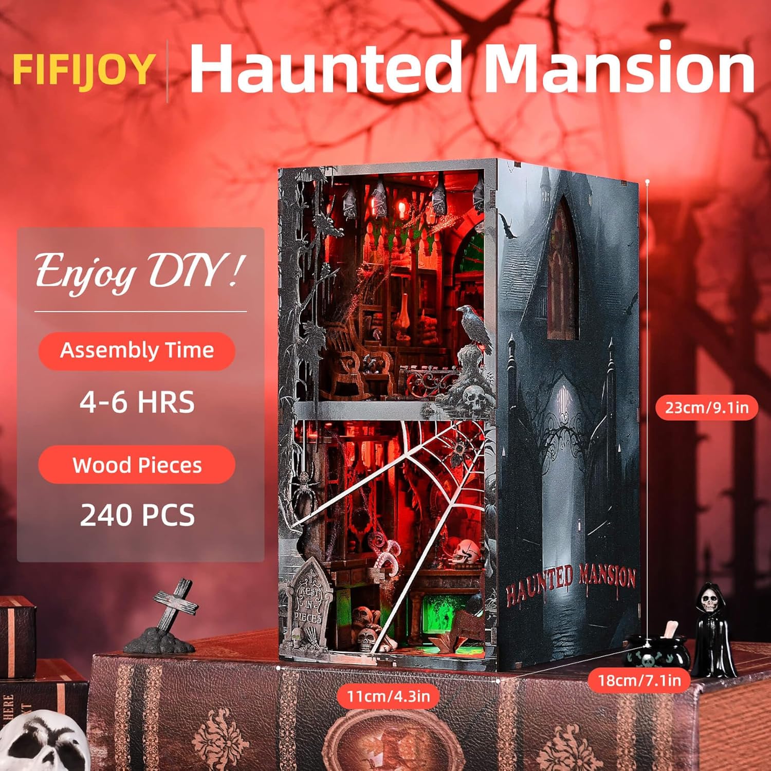 fifijoy Haunted House Halloween Book Nook Kit, Spooky Shelf Insert Bookshelf Diorama Horror Art Miniature Decor, Creepy Scary Wooden Puzzle Booknook (Haunted Mansion)