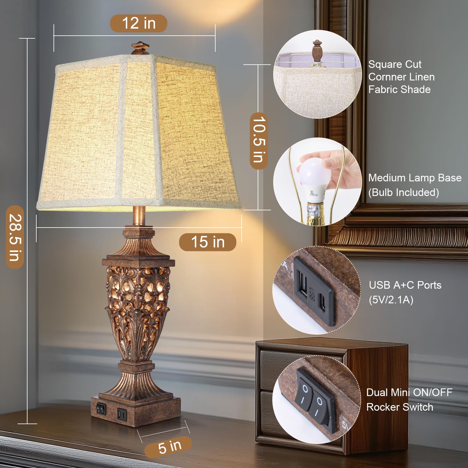 Scenekoy Set di 2 lampade da tavolo vintage in bronzo da 72,4 cm con luce notturna, lampada da comodino, paralume angolare in lino beige, porte USB per testiera, aria condizionata, camera da letto