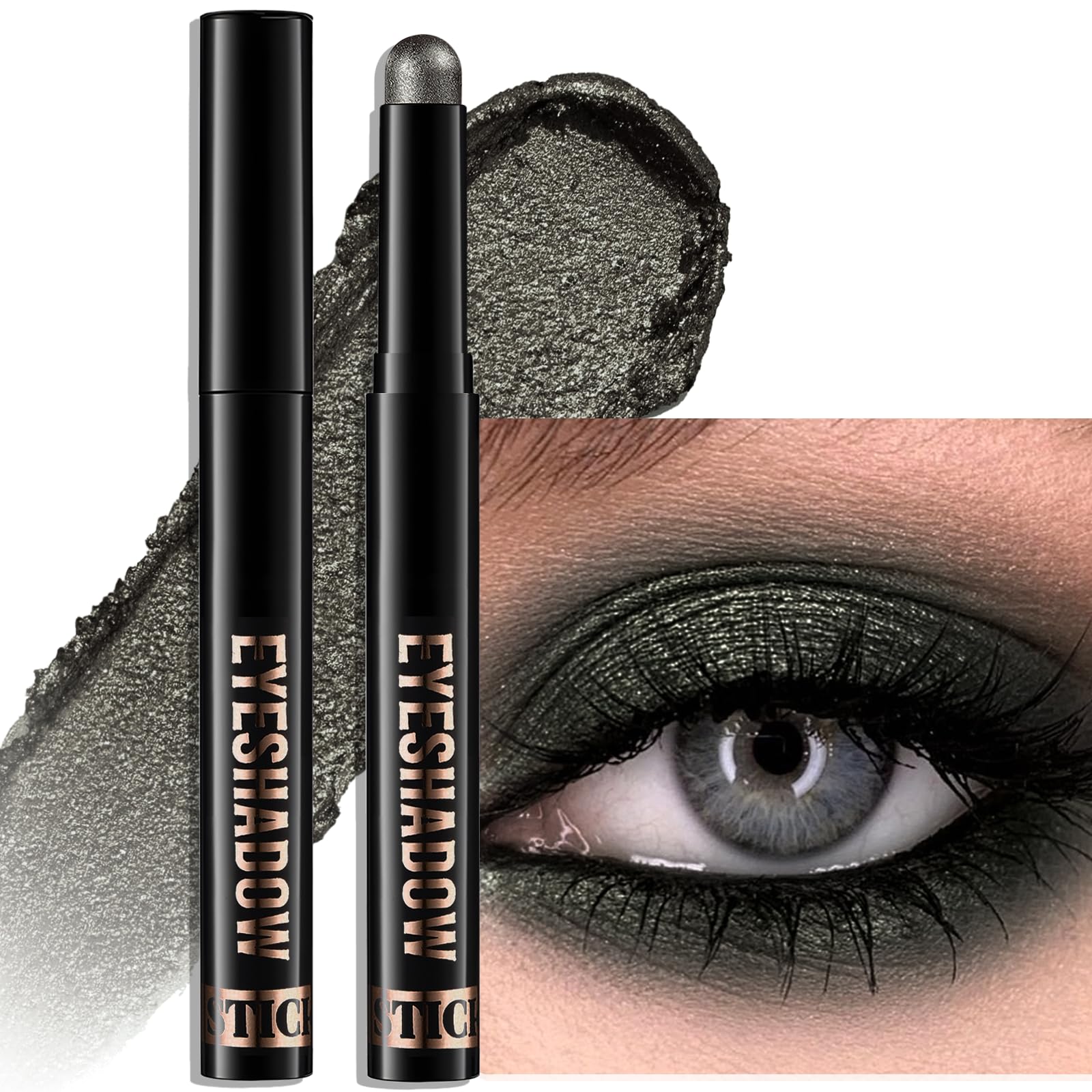 Black Eyeshadow, Shimmer Cream-to-Powder Eye Shadow Stick Waterproof Long Lasting Glitter Neutral Smoky Eyeshadow Pencil Highlighter Makeup High Pigmented Blendable Eyeliner Pen for Women #24B Grey Black（SHIMMER)