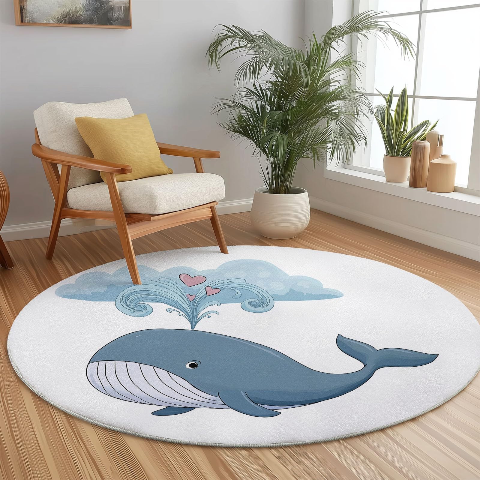 Tapis rond mignon motif baleine en flanelle blanche et bleue pour bébé