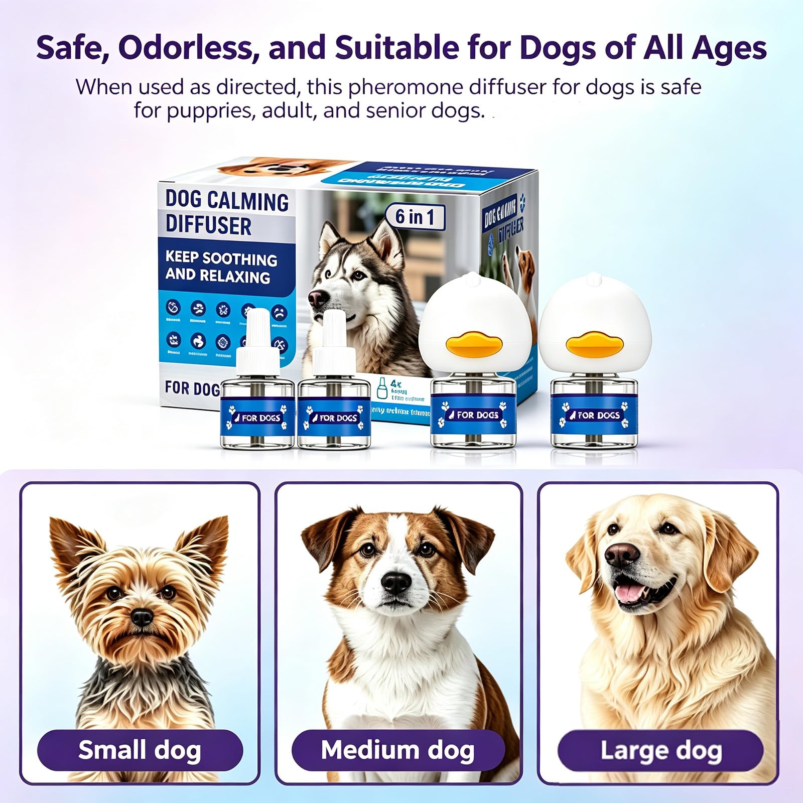 Kit diffuseur de phéromones apaisantes pour chien, 2 diffuseurs + 4 recharges, approvisionnement de 120 jours, couvre 700 m², branchement inodore pour soulager l'anxiété, le stress de