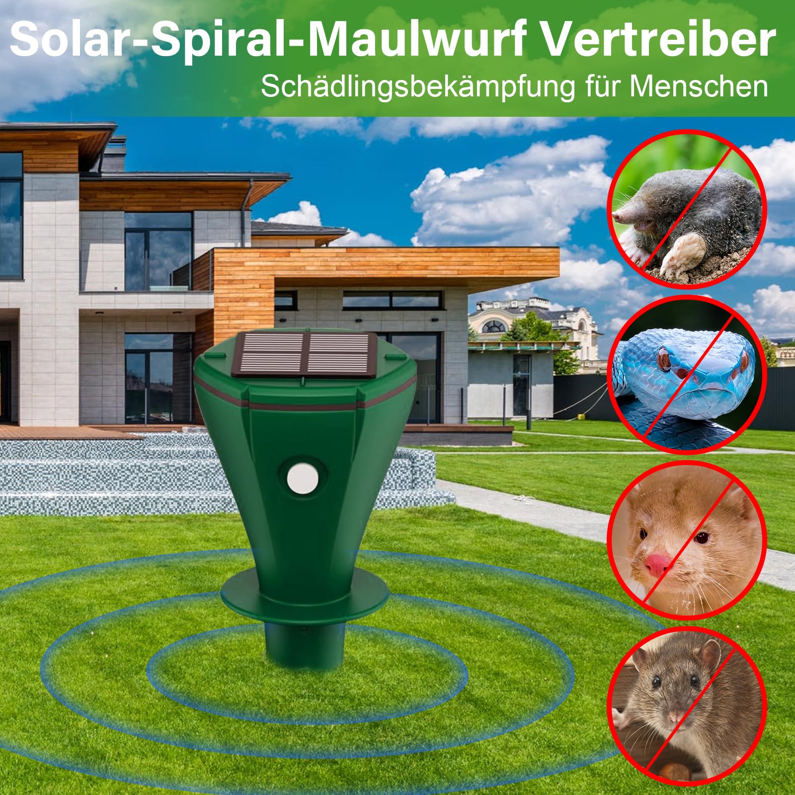 Maulwurf Vertreiber Solar, 2 Stück Wühlmausschreck Maulwurfschreck für Vertreibung von Maulwürfen, Erdhörnchen, Wühlmäusen aus Gärten, Wasserdicht IP65-Grün