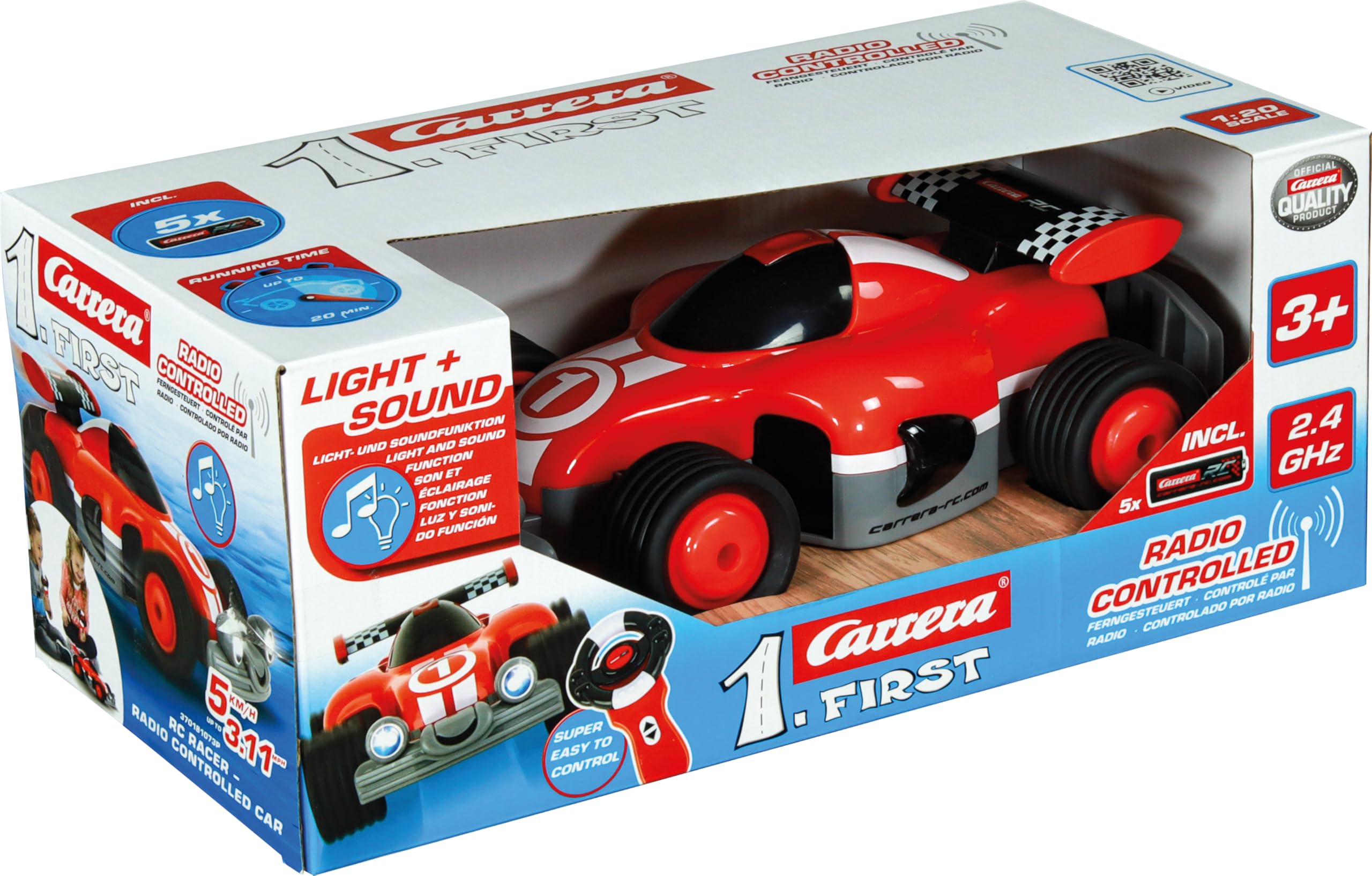 Carrera - 370181073P First RC Racer I 2,4GHz I Fahrzeug für die Kleinsten I I Einfach zu steuern I Sound & Lichteffekte für extra Spaß I Luftreifen für optimale Performance
