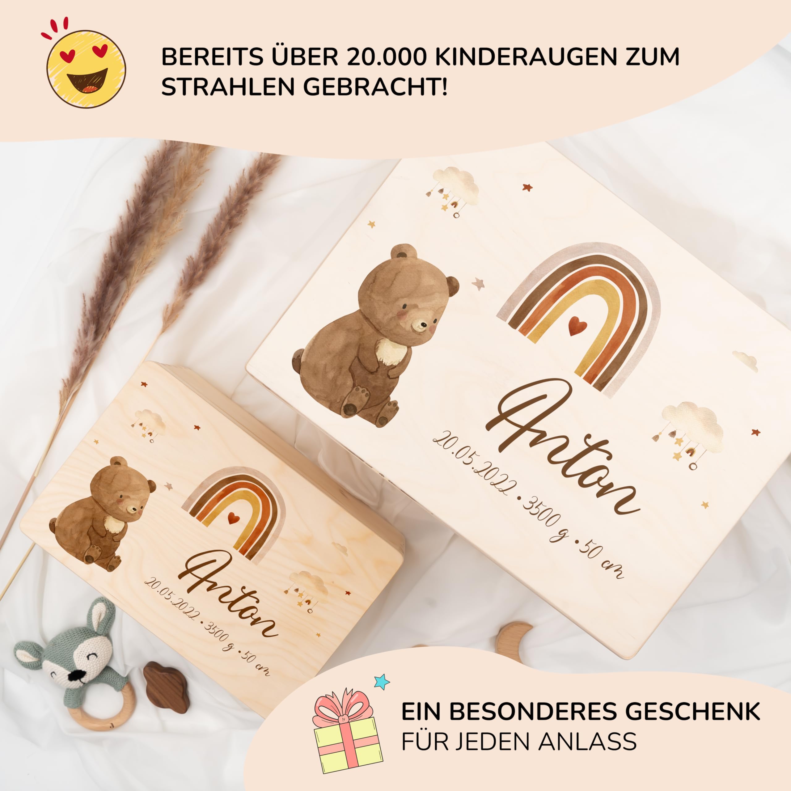 KIDSMOOD - Erinnerungsbox Baby, personalisierte Holzkiste mit Deckel, Ideal zur Aufbewahrung von Erinnerungen und als Geschenk zur Geburt, Taufe oder als Geburtstagsgeschenk für Mädchen und Jungen