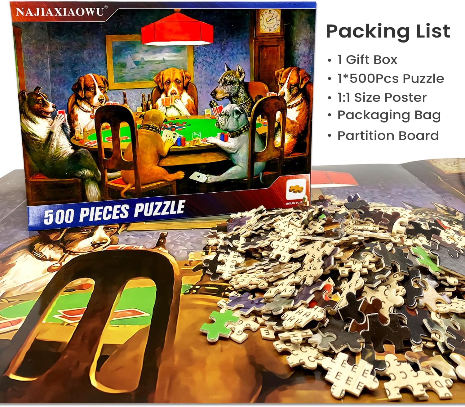 500 Pieces Jigsaw Puzzles for Adults Wooden Jigsaw Puzzle 500 Piece Adult Puzzle, Dogs Playing Poker Puzzles DIY Home Decor Wall Art Game Toy Gift for Family Dad Mom Wife Friends, 20.5x15In