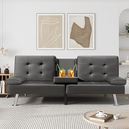 Miniatura 17 de VICTONE Sofá cama futón moderno de piel sintética, sillón reclinable plegable convertible para sala de estar con 2 portavasos y reposabrazos (negro)