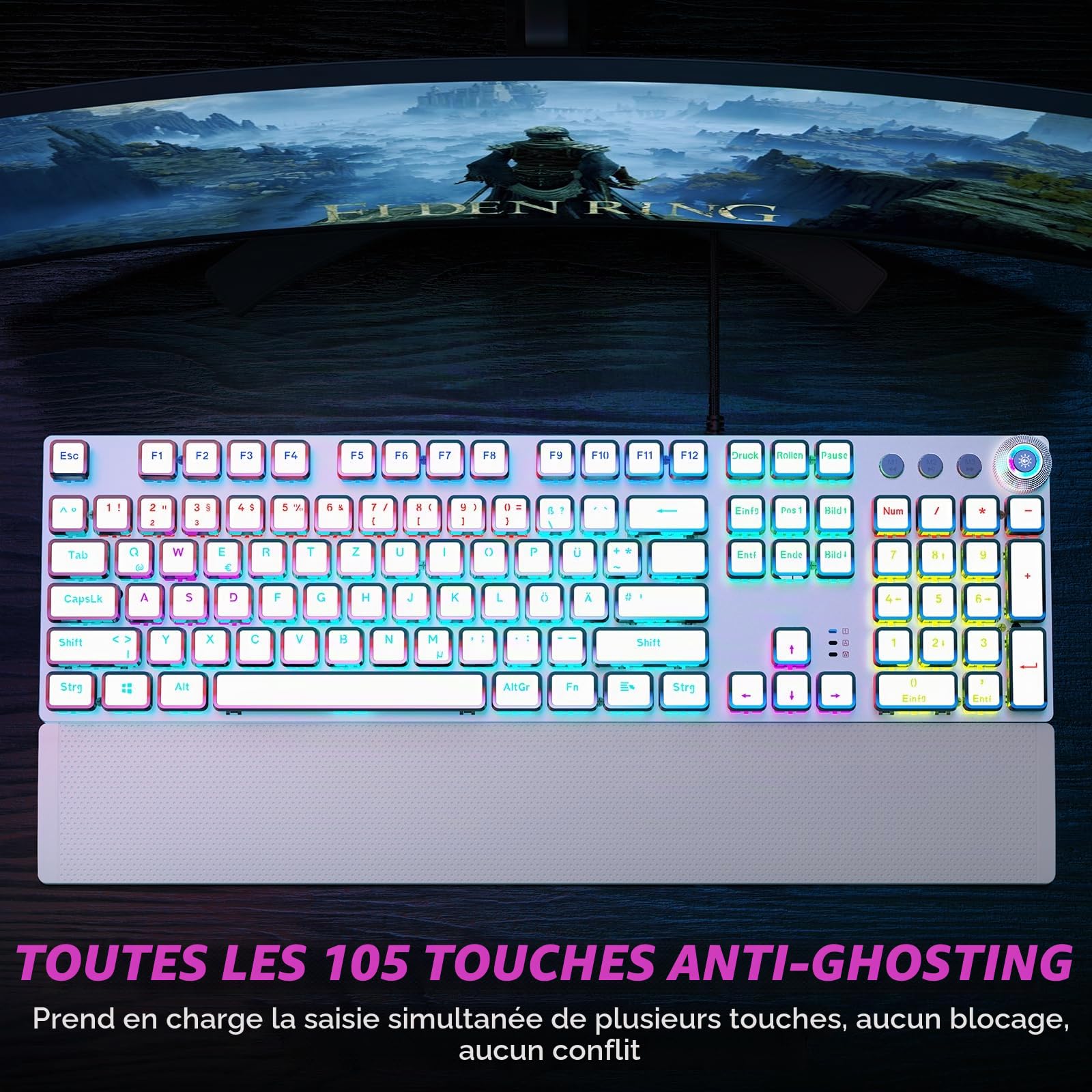 TECURS Clavier de jeu mécanique avec repose-poignet magnétique et commutateurs rouges, clavier filaire QWERTZ éclairé, 105 touches avec anti-ghosting et bouton rotatif multimédia pour PC/PS5/PS4
