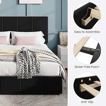 SHA CERLIN Full Size Bed Frame, Velvet Upholstered Platform Bed, Black