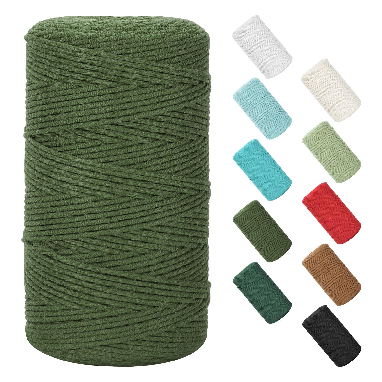 Macrame Cotton Cord - 2mm x 380Yards (1140Feet), Natural Cotton Macrame Rope - 2 Strands Twisted for Wall Hanging, Plant Hangers, Crafts, Gift Wrapping and Wedding Decorations, Army Green