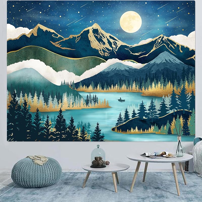 Accnicc Tapiz de montaña, tapiz de árbol de bosque natural para dormitorio, estético, noche estrellada, luna, estrellas, tapiz para colgar en la pared, color verde azulado, abstracto, tapiz de pared para dormitorio, sala de estar (verde azulado, 48 x 36 pulgadas)